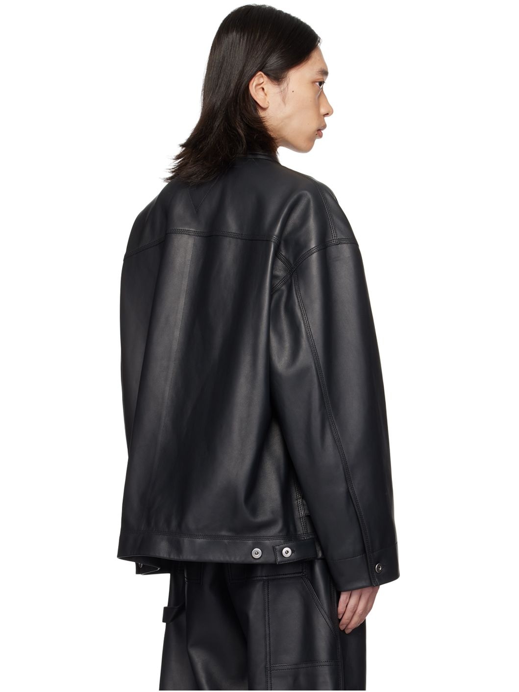 Black Spread Collar Leather Jacket - 3