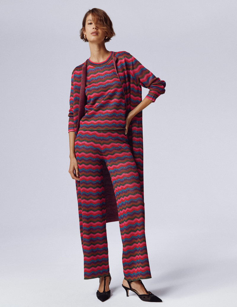 Jacquard Knitted Trousers-Jewel Toned Metallic Wave 7