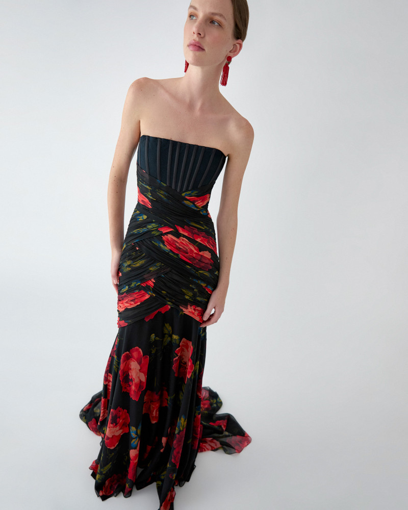 Rose-Print Chiffon Bustier Gown 4
