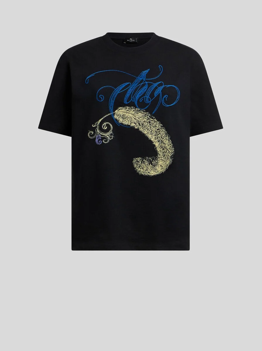 COTTON T-SHIRT WITH LOGO EMBROIDERY AND FEATHER PRINT - 1