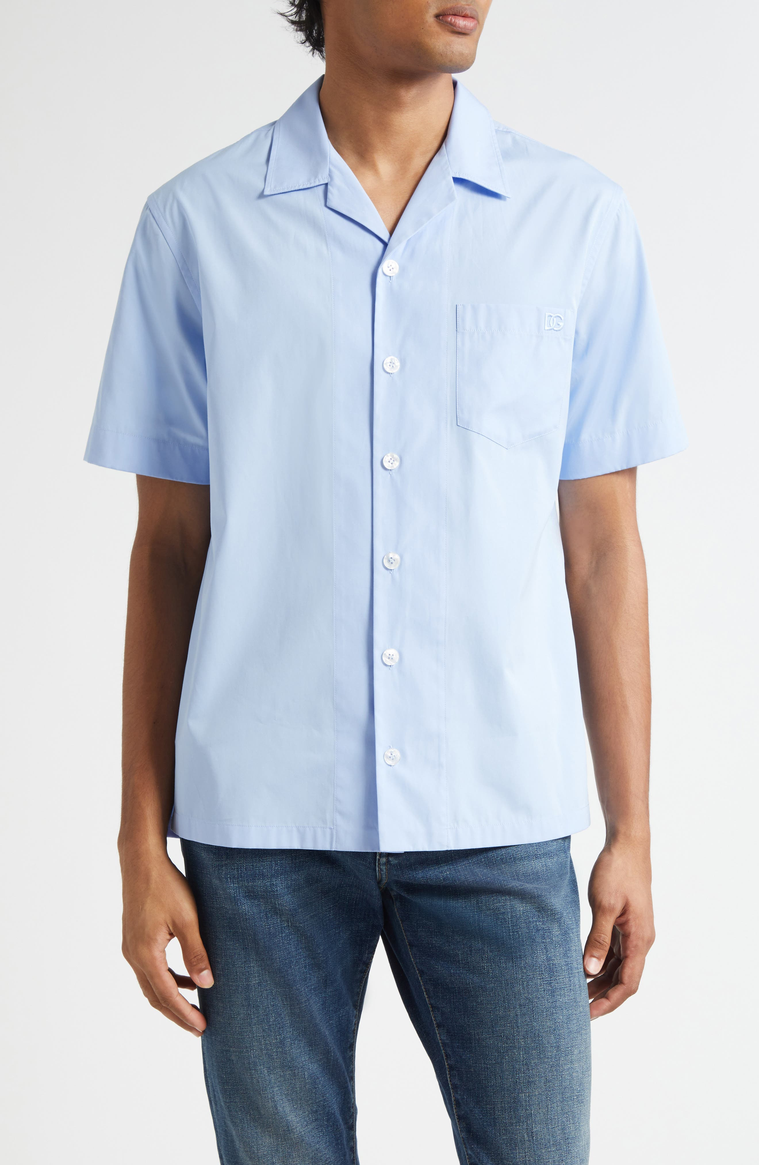 Dolce&Gabbana Logo Embroidered Camp Shirt in B0074 Celeste Scuro at Nordstrom - 1