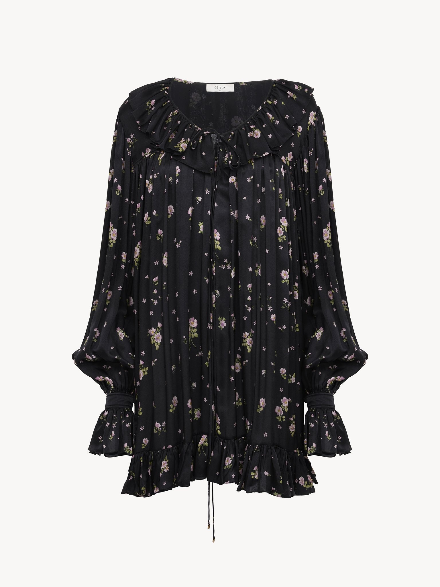 GATHERED LONG-SLEEVE MINI DRESS IN SILK CHARMEUSE - 2