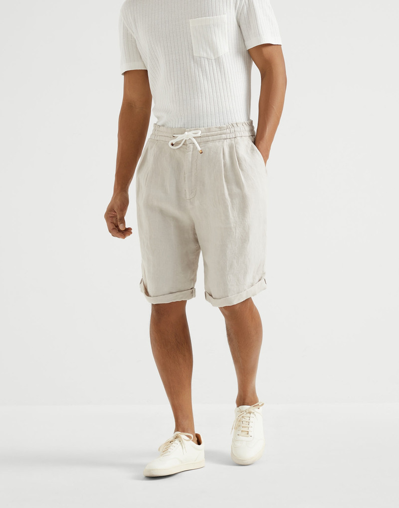 Garment-dyed Bermuda shorts in linen gabardine with drawstring and pleat - 1