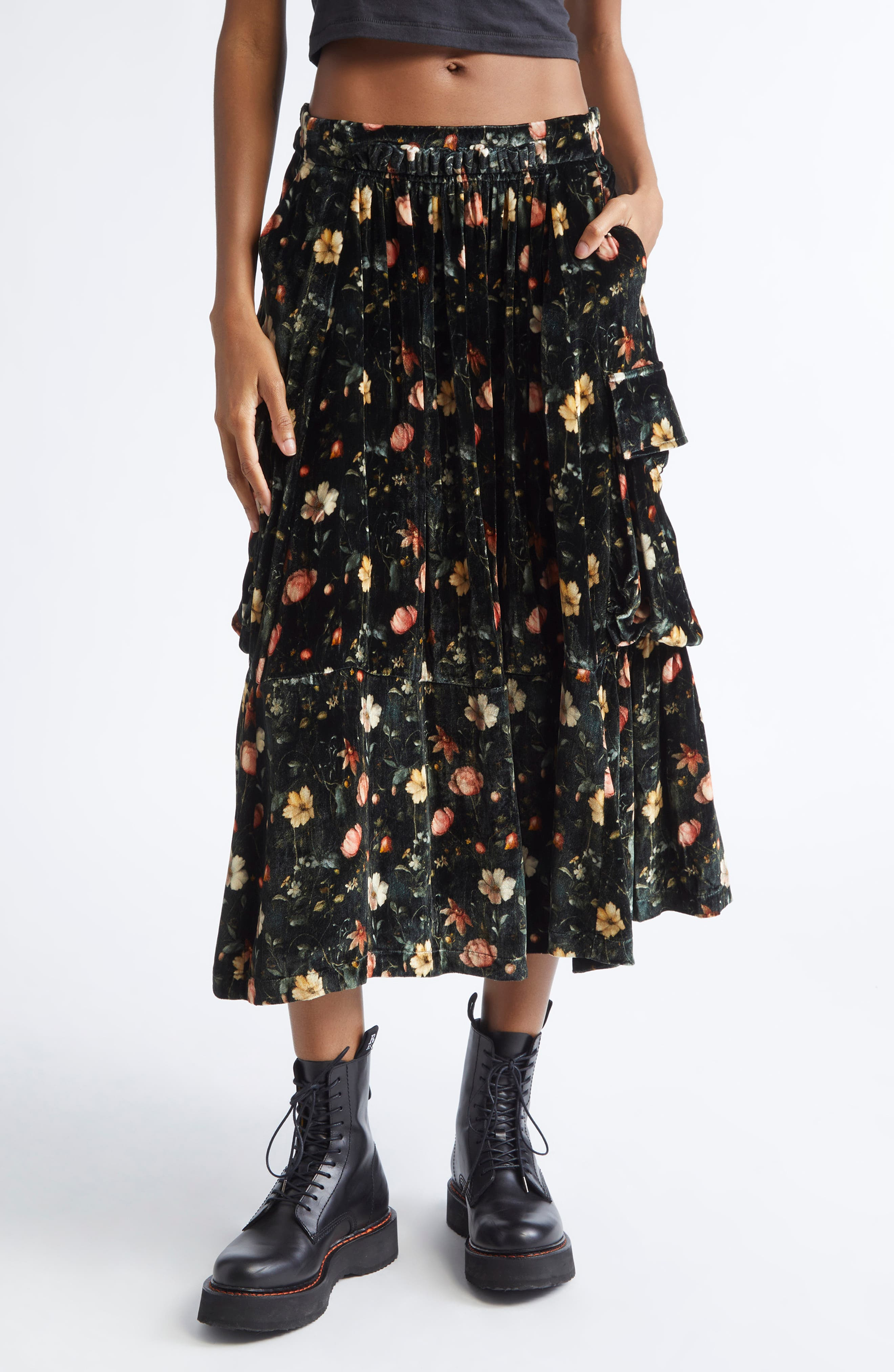 R13 Gathered Floral Velvet Cargo Midi Skirt in Multifloral Black at Nordstrom - 1