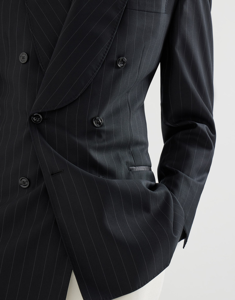 Super 150s virgin wool chalk stripe one-and-a-half breasted tuxedo jacket with shawl lapels 4