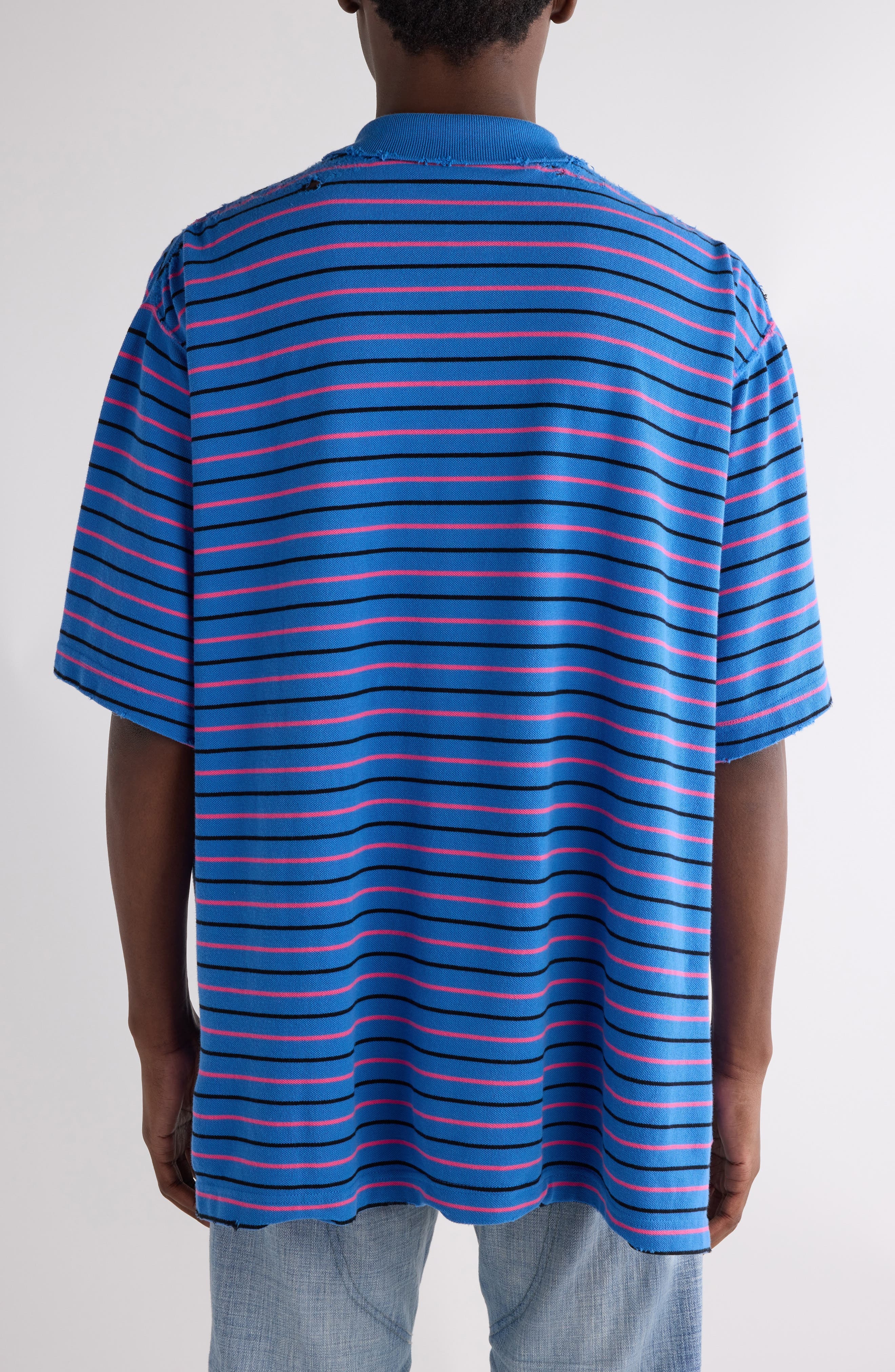 Balenciaga Laurel Embroidered Oversize Cotton Piqué Polo in 4326 Blue/Pink at Nordstrom - 3