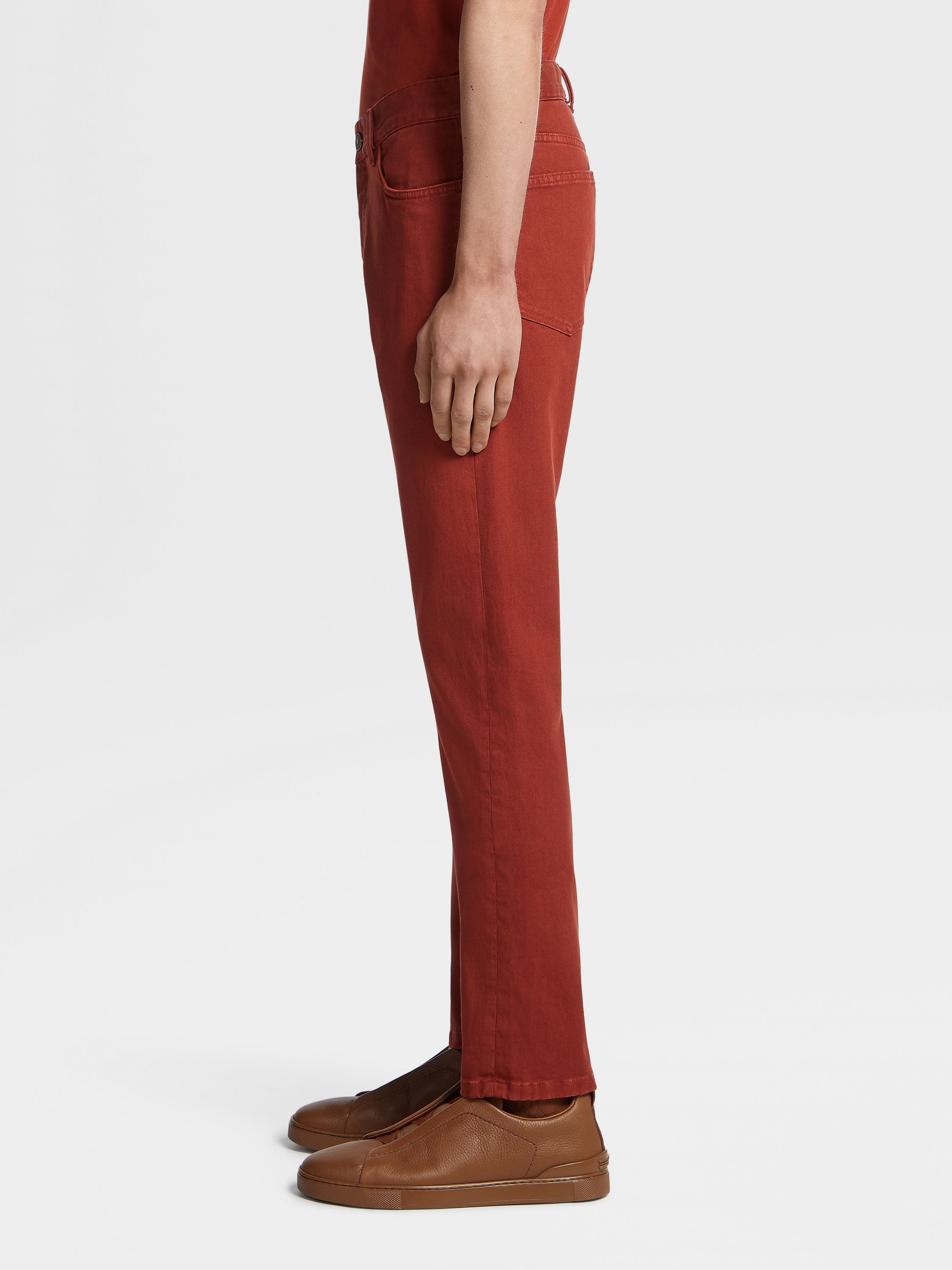DARK RED STRETCH COTTON ROCCIA PANTS - 4