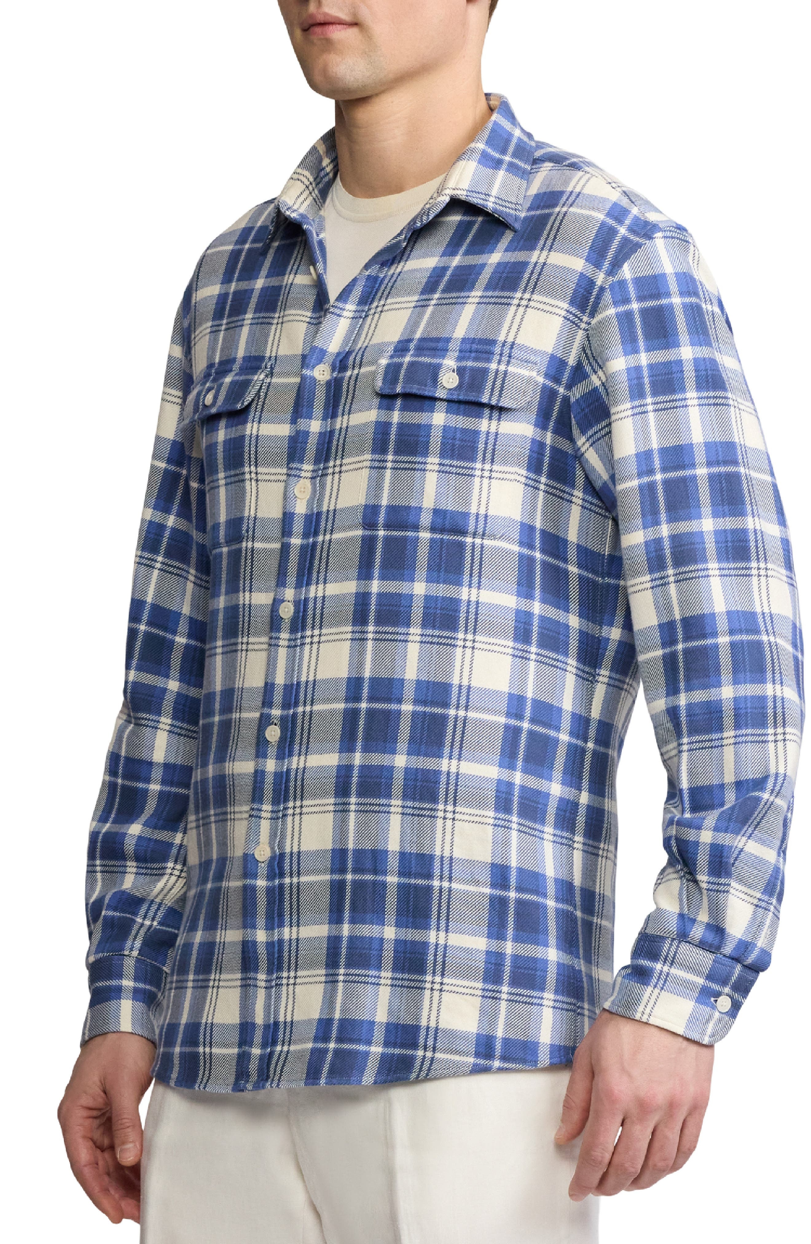 Ralph Lauren Purple Label Plaid Cotton Twill Button-Up Shirt in Blue /Cream at Nordstrom - 3