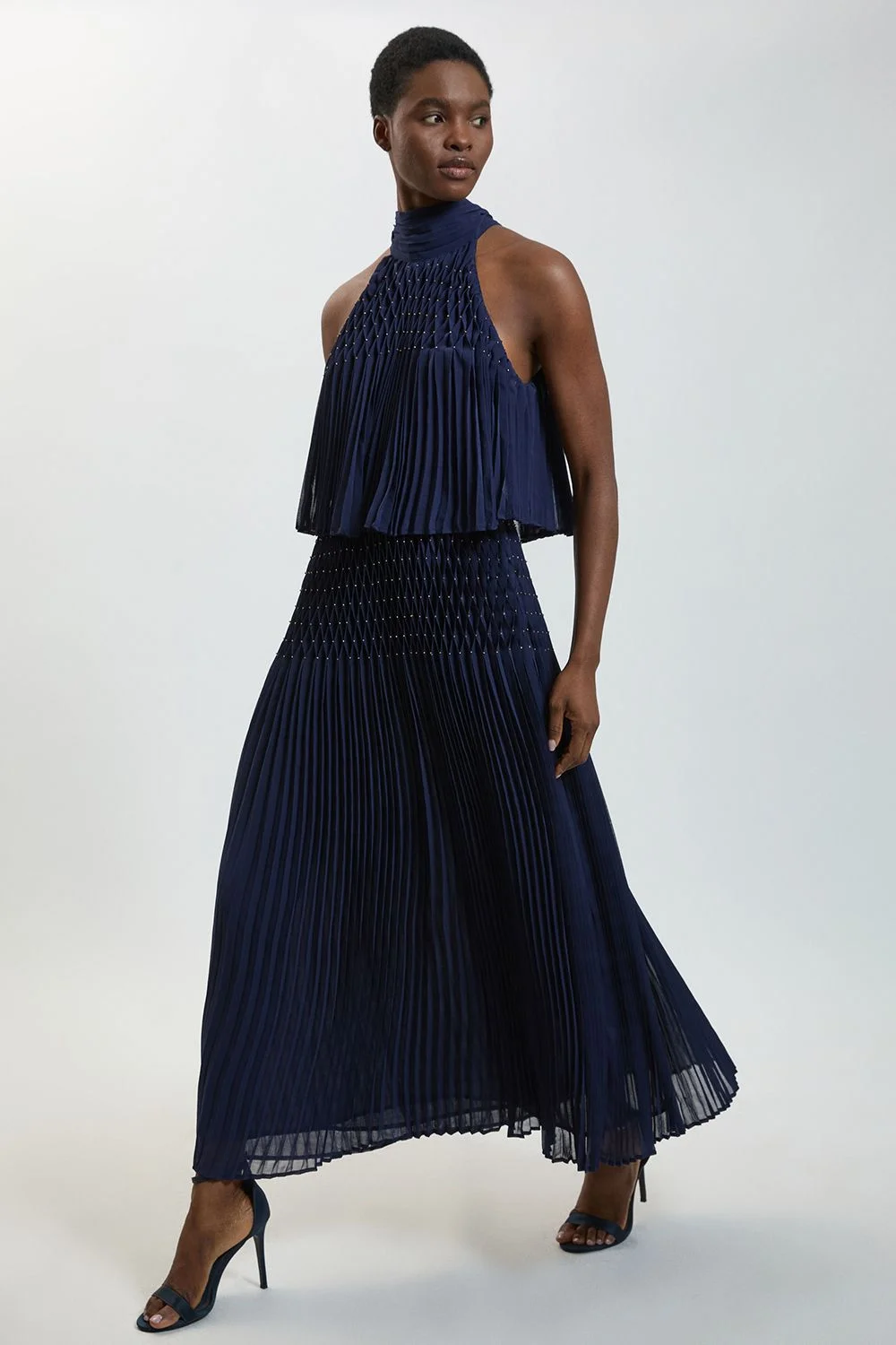Pleated Bead Detail Halterneck Maxi Dress - 1