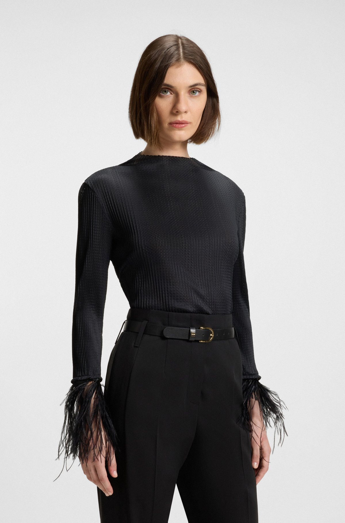 PLISSÉ JACQUARD TOP WITH DETACHABLE FEATHER CUFF TRIMS - 2