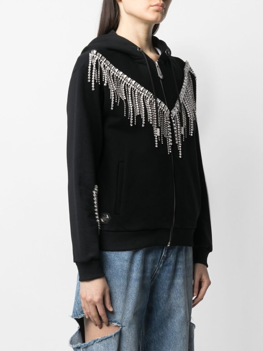 Crystal-fringe hooded zip-up - 3