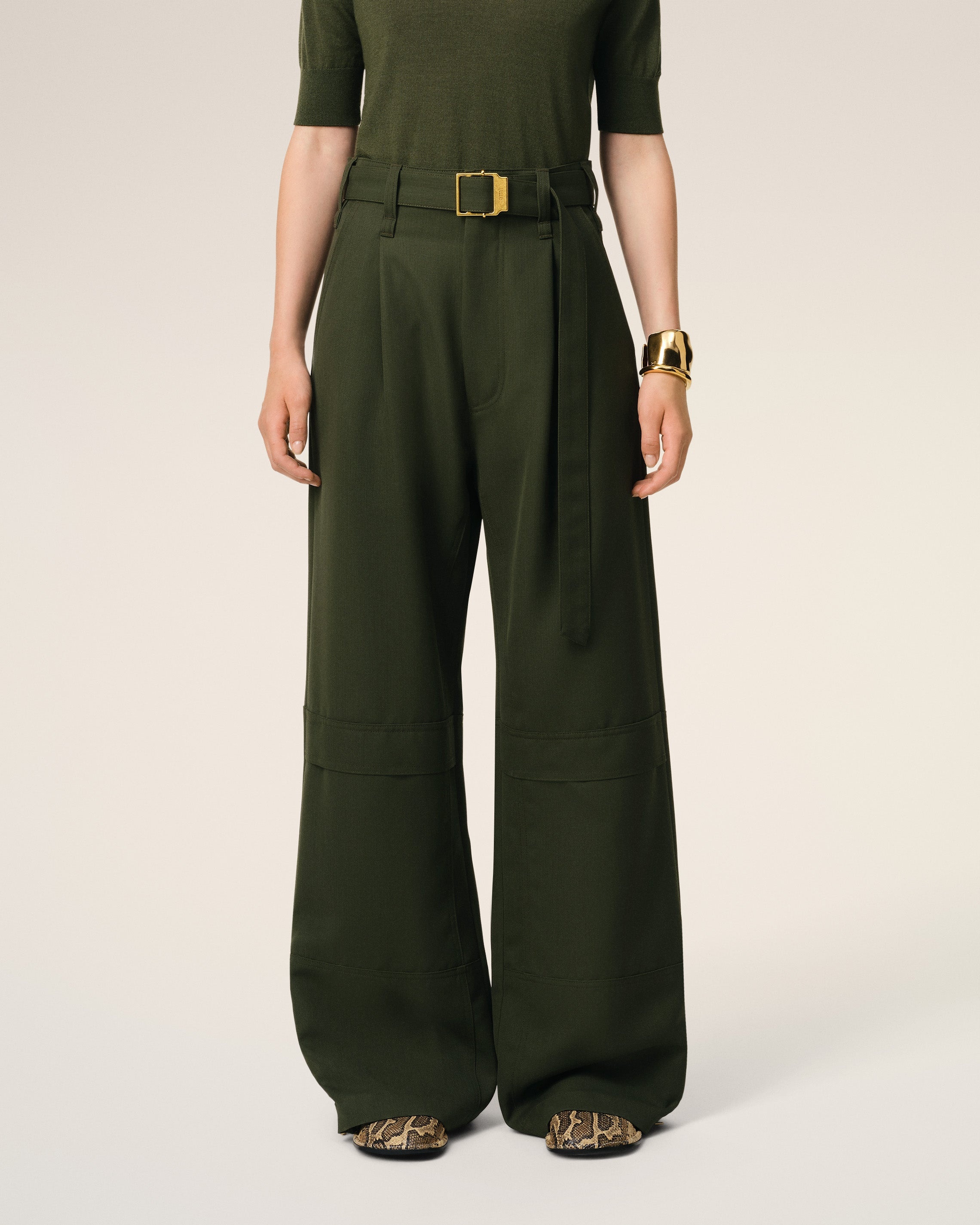 GREEN WOOL CARGO TROUSERS - 3