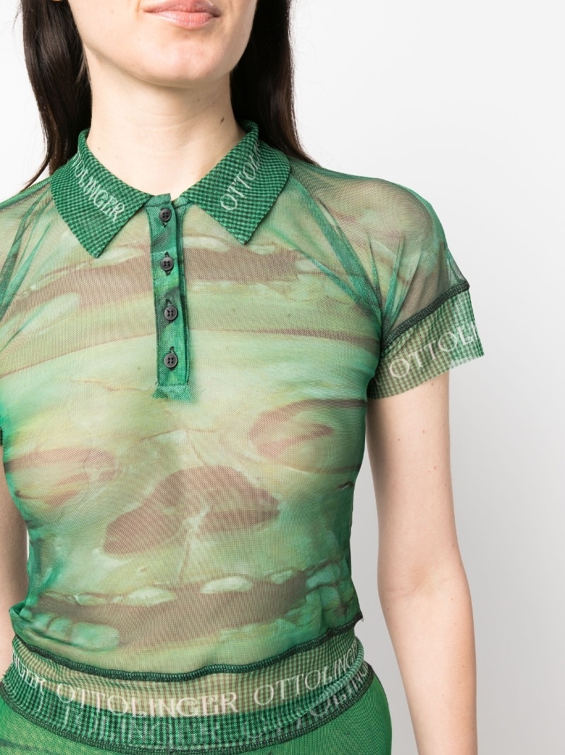 logo-print neckline sheer polo top - 5