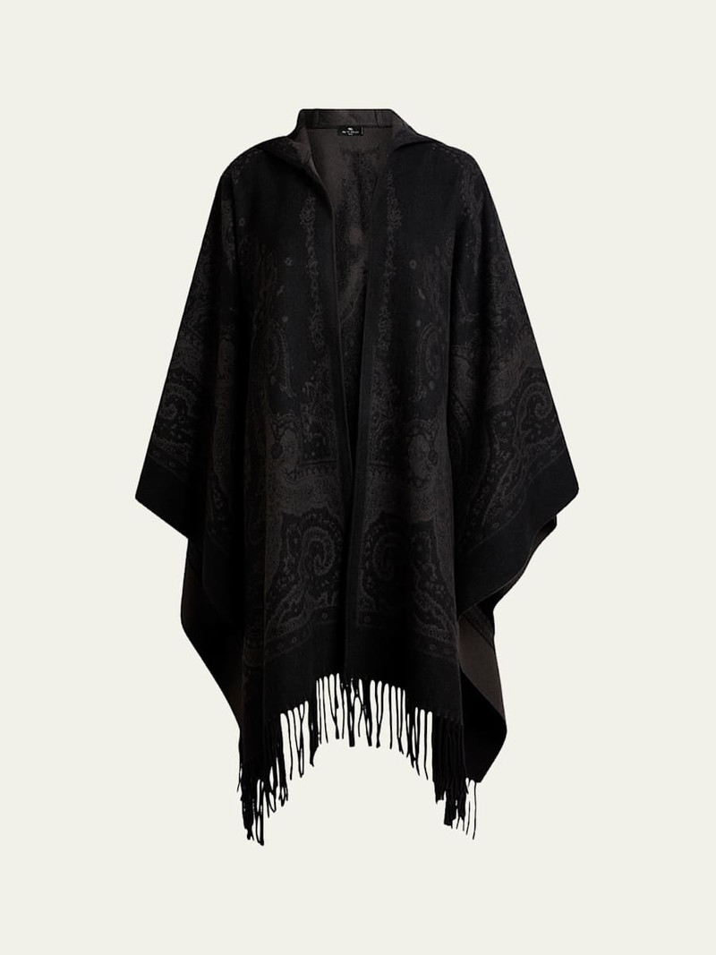 Hooded Paisley Jacquard Wool Cape 1