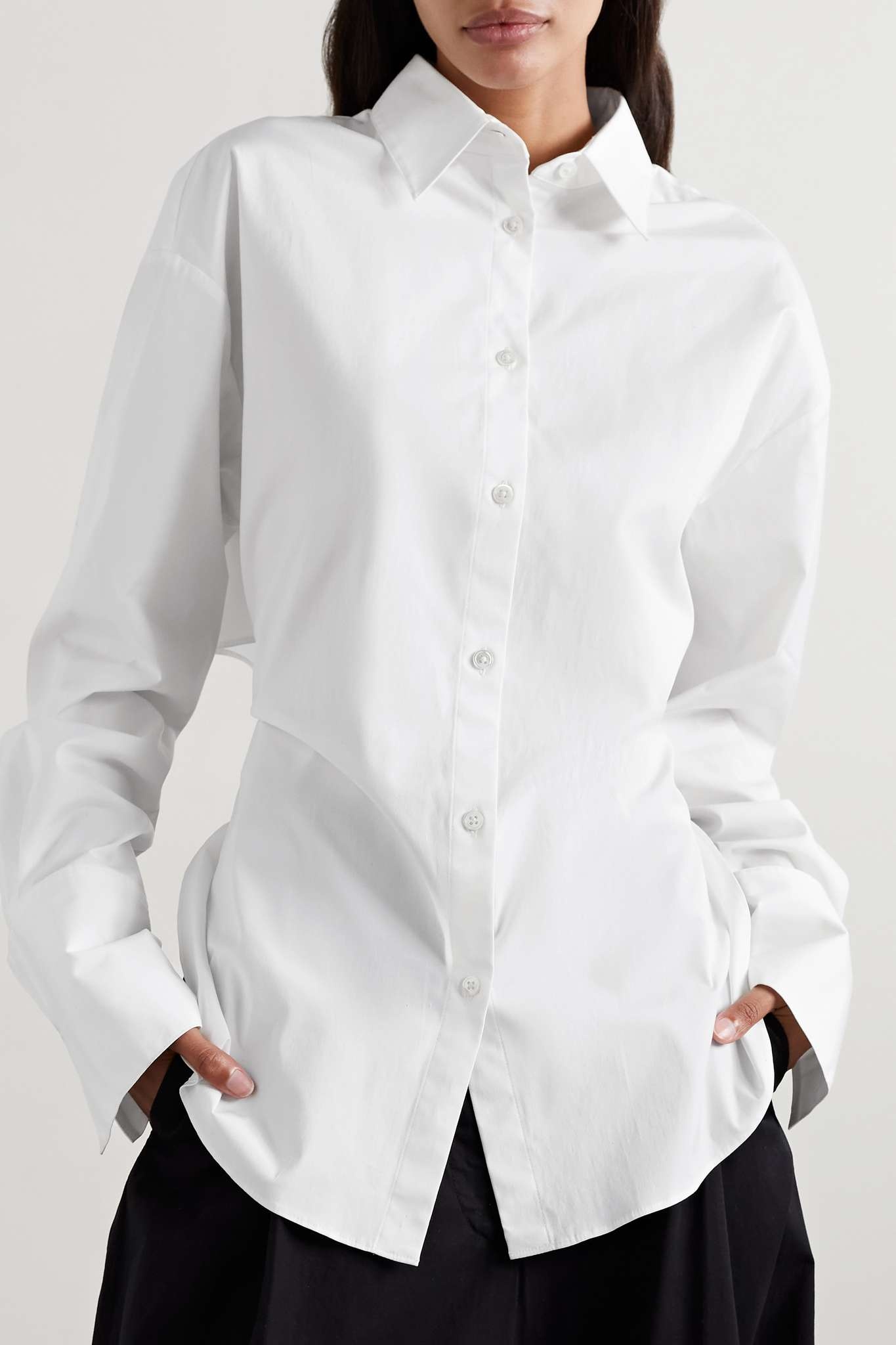 Open-back leather-trimmed cotton-blend poplin shirt - 3