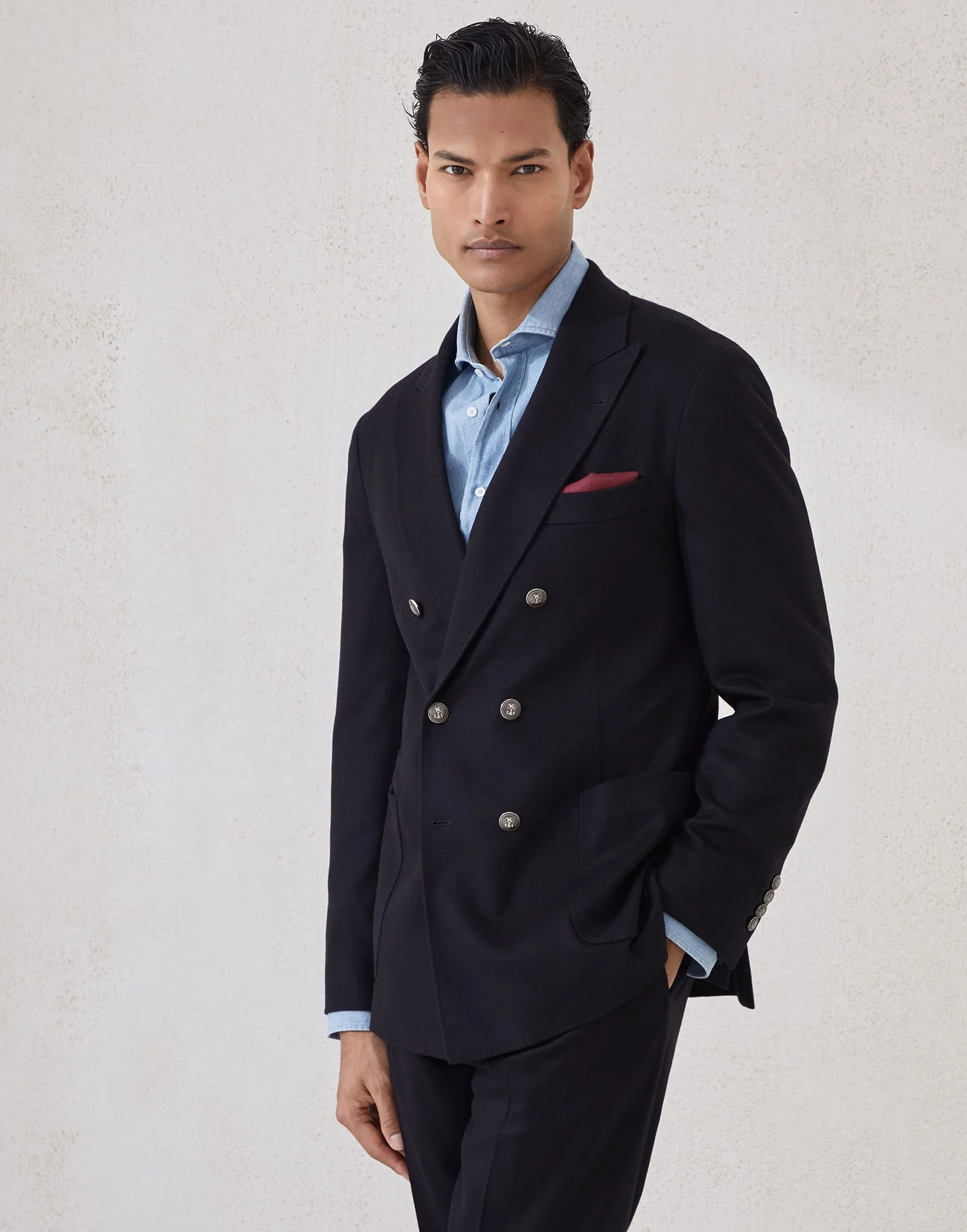 Wool and cashmere flannel one-and-a-half breasted deconstructed blazer with patch pockets and metal - 1