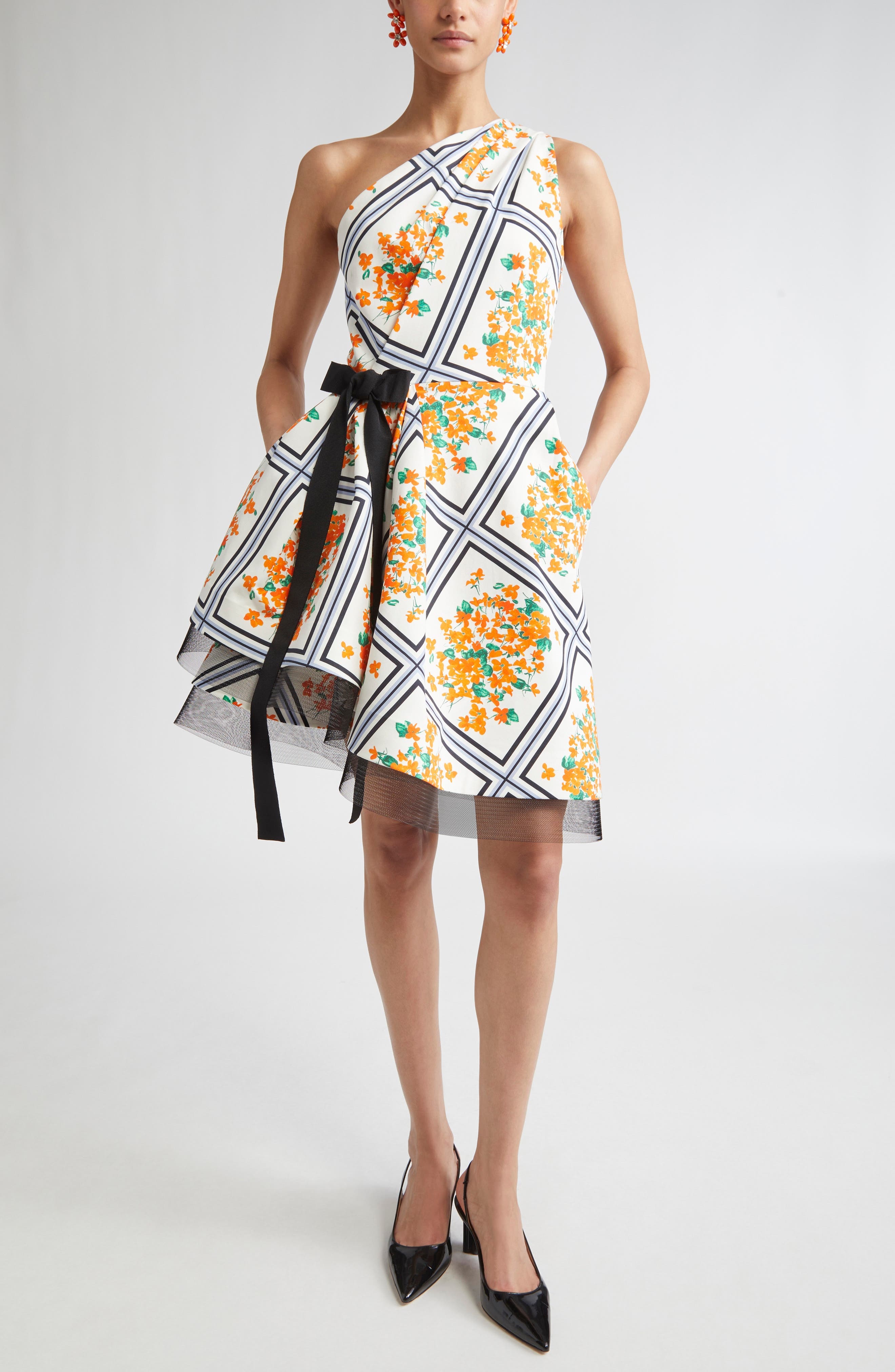 Carolina Herrera One-Shoulder Asymmetric Faille Minidress in White Multi at Nordstrom - 1