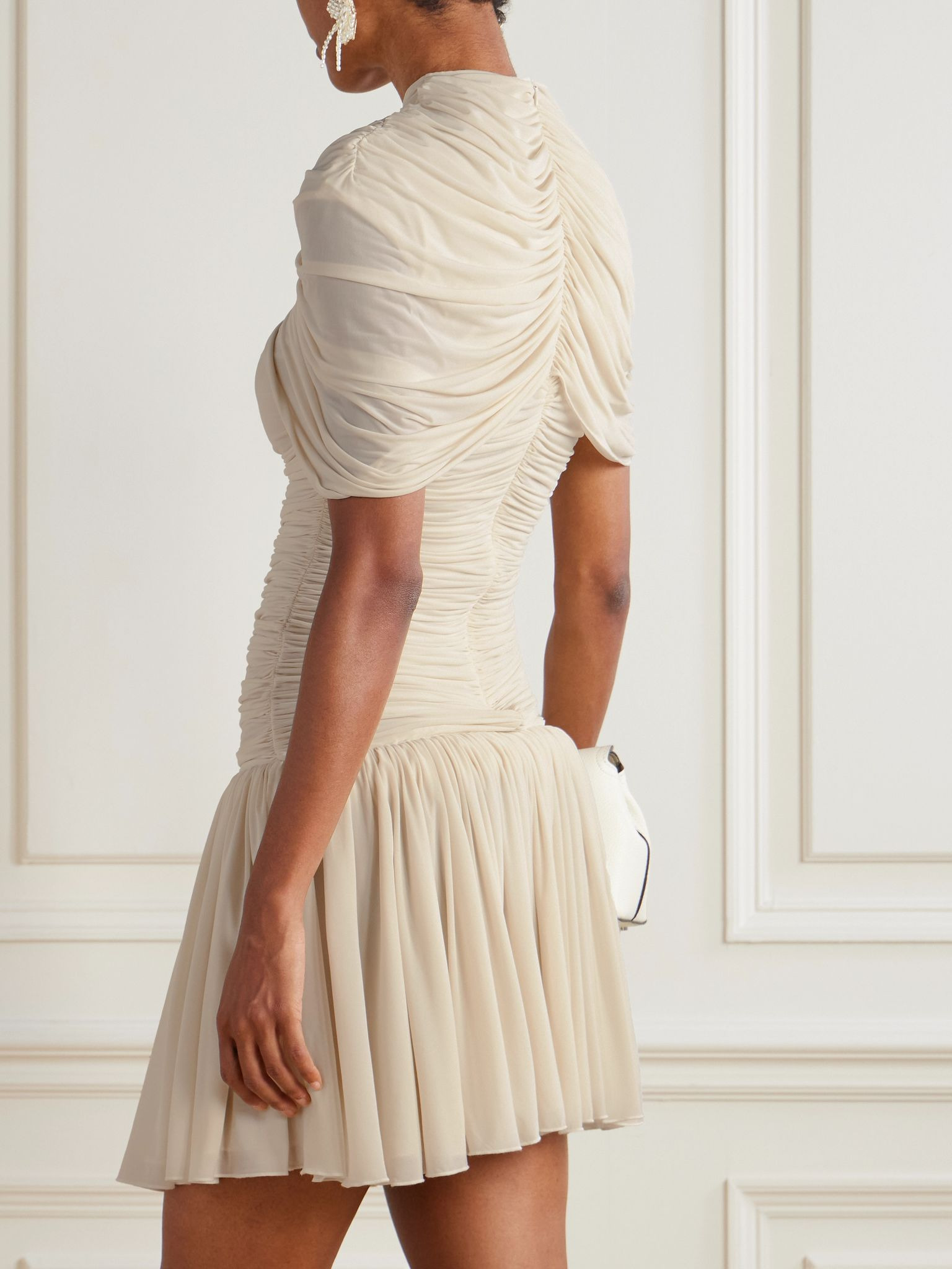 Cape-effect draped ruched jersey mini dress Beige - 3