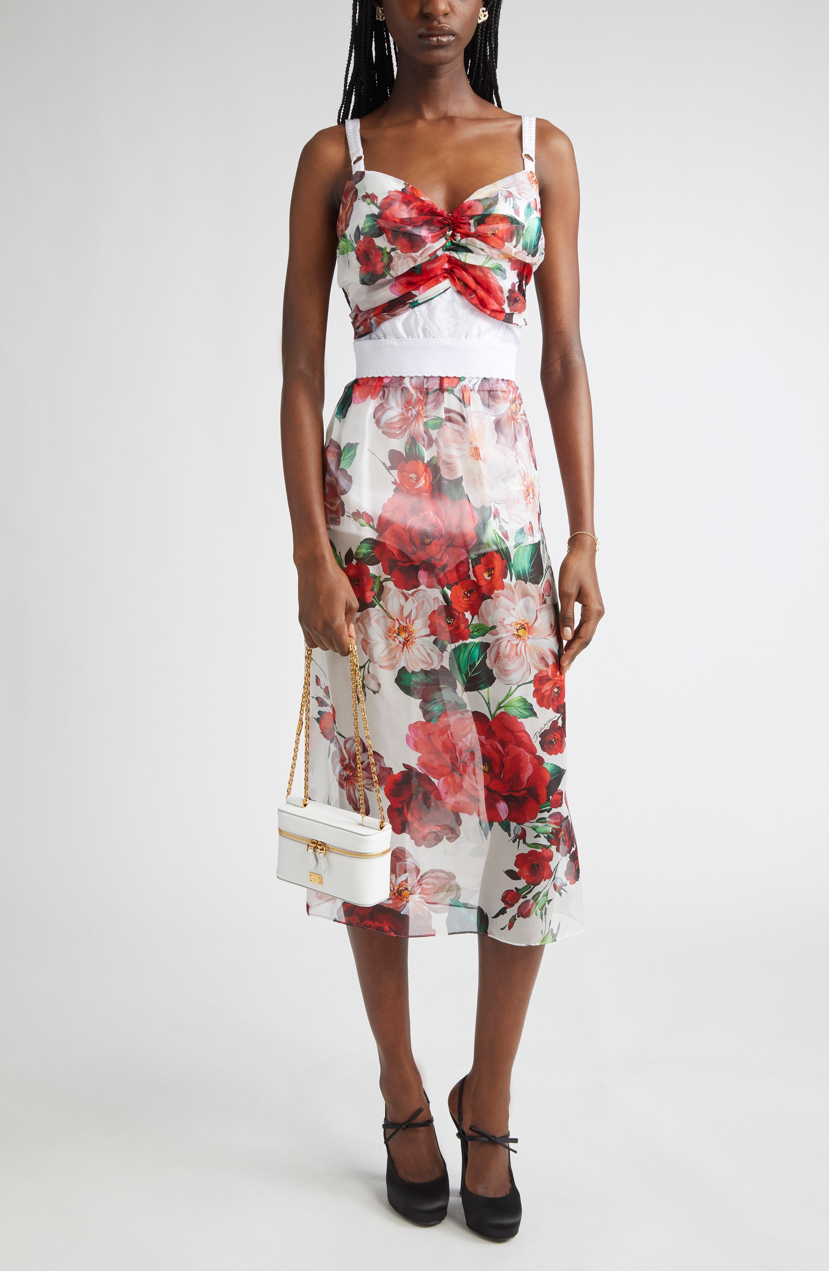 Dolce&Gabbana Rose Print Chiffon & Marquisette Bustier Top in White Print Flower at Nordstrom - 2