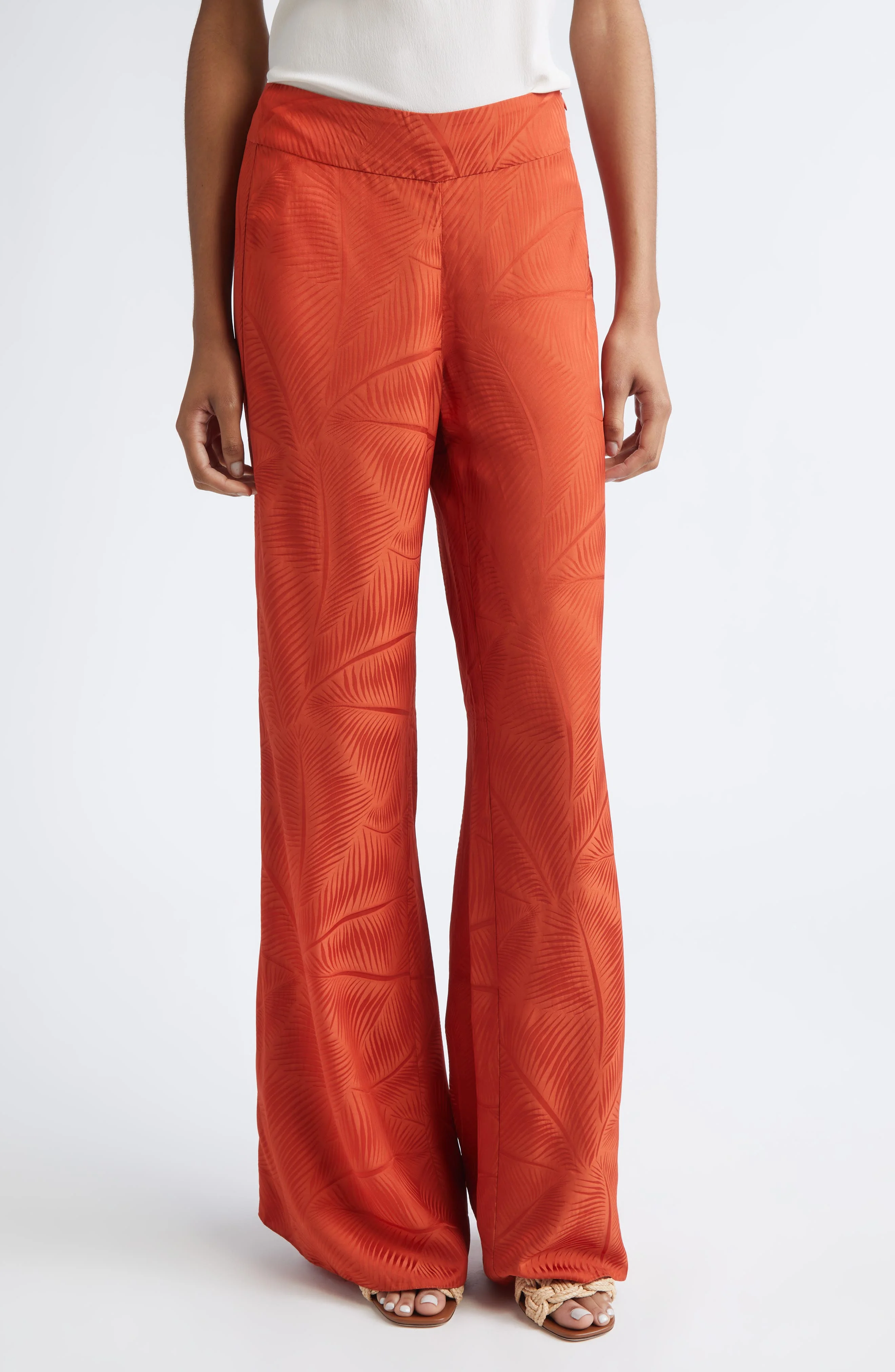 Johanna Ortiz Laid Back Energy Palm Jacquard Wide Leg Satin Pants in Rust at Nordstrom - 1