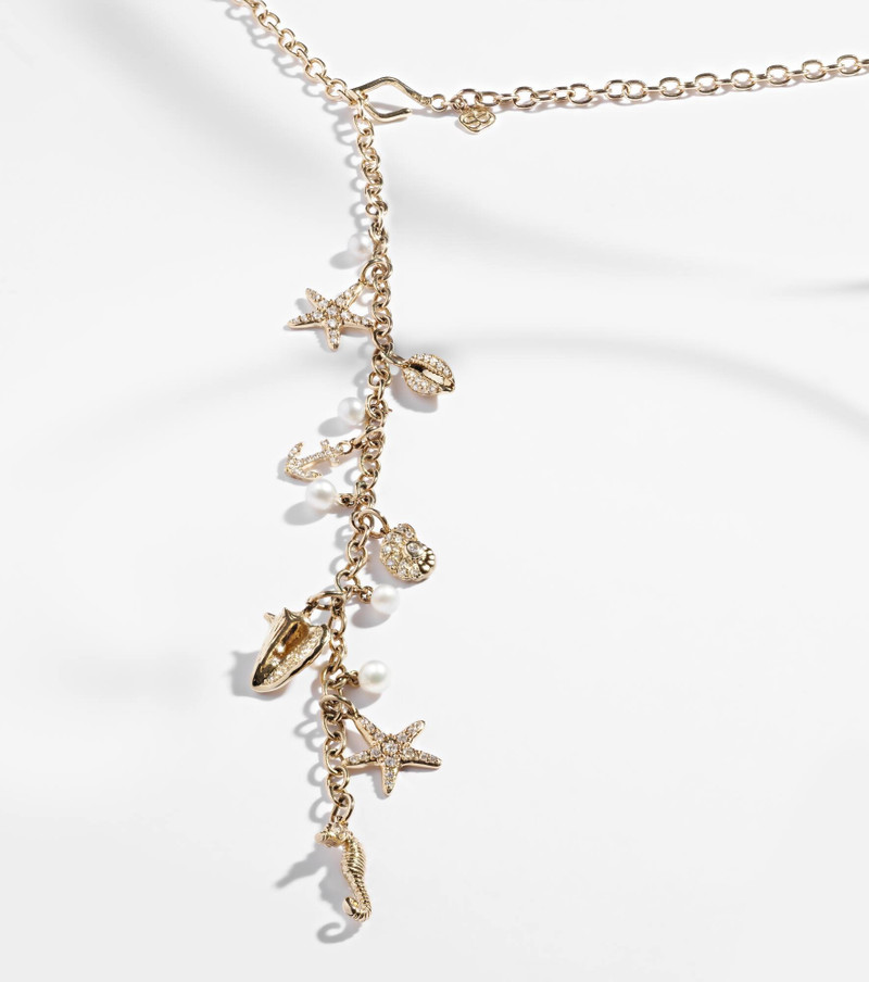 14kt gold charm necklace with diamonds and pearls 5