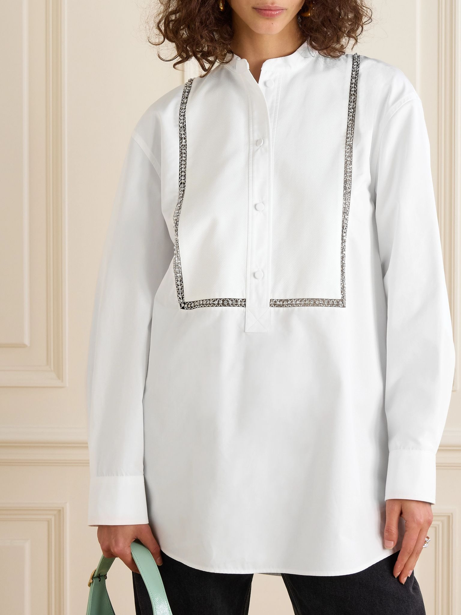 Embellished piqué-trimmed cotton-poplin blouse White - 3