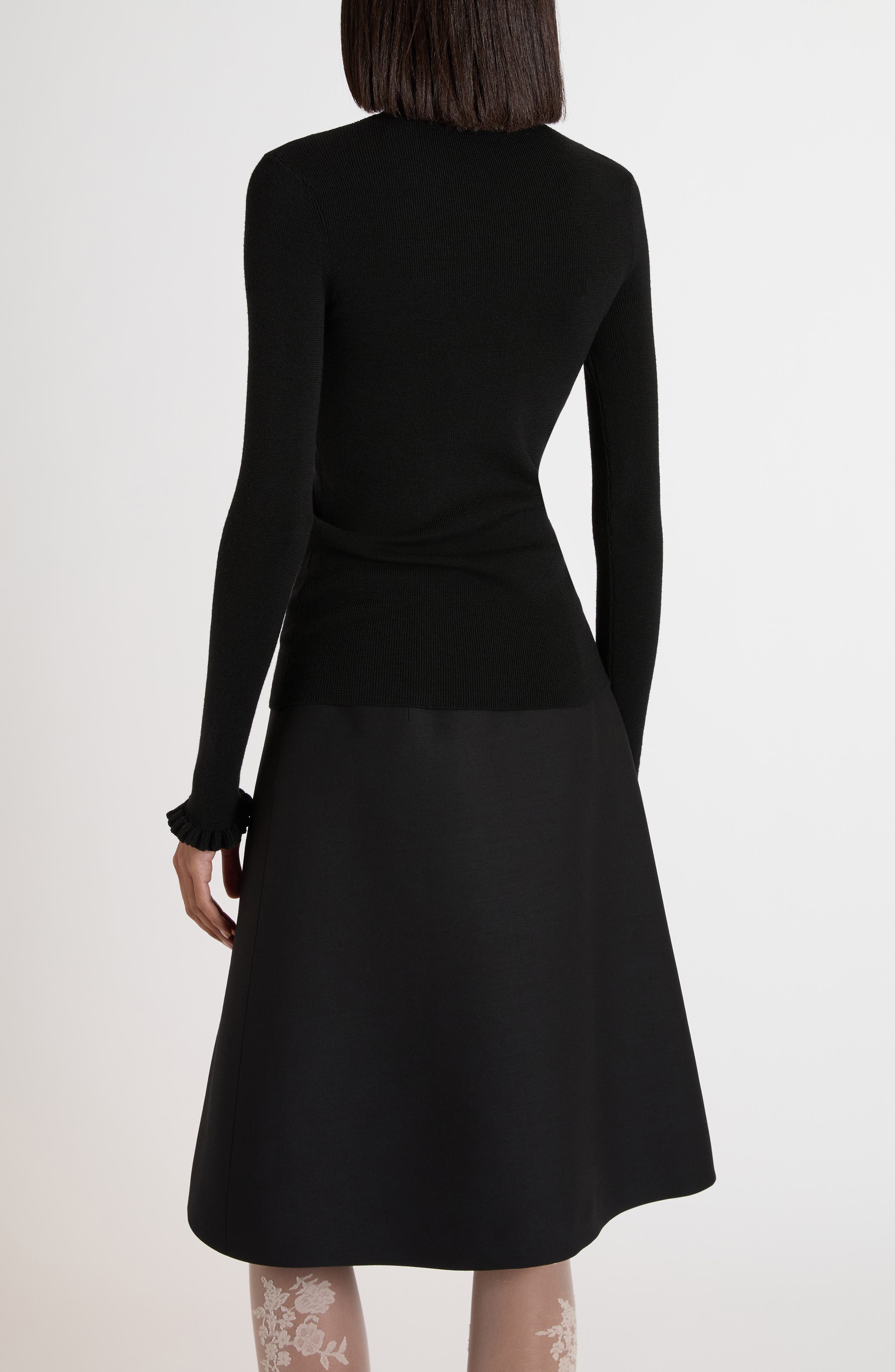 Valentino Garavani Ruffle Trim Rib Virgin Wool Sweater in Black at Nordstrom - 3