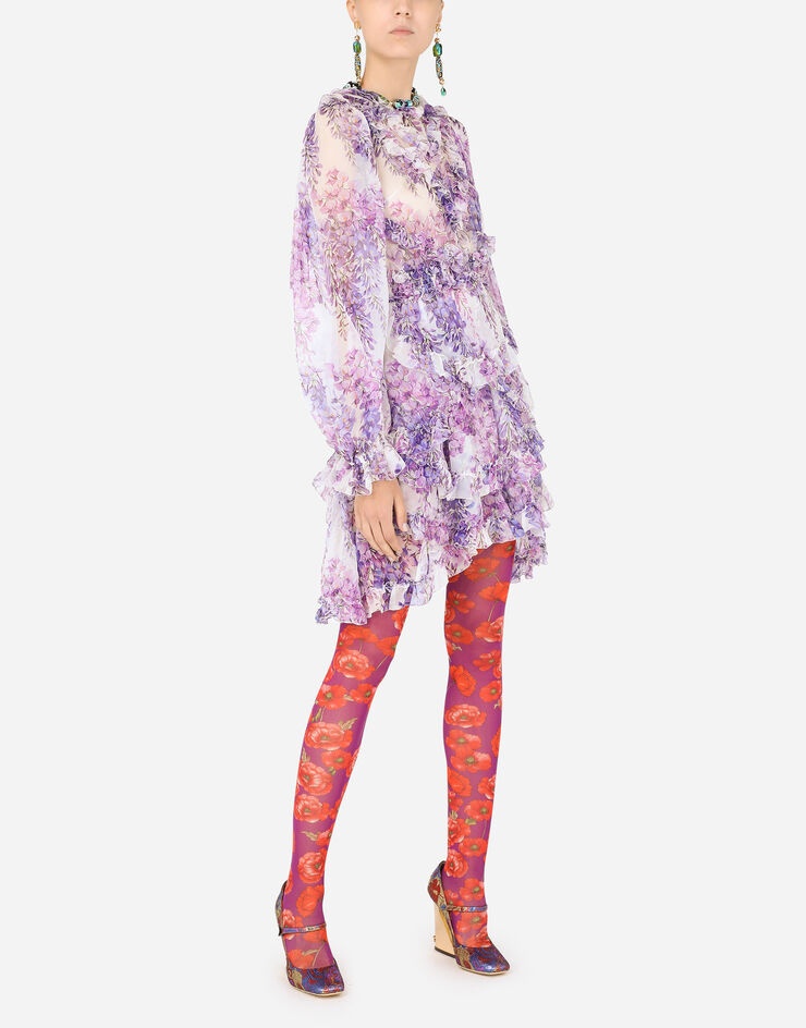 Short wisteria-print chiffon dress with ruches - 6