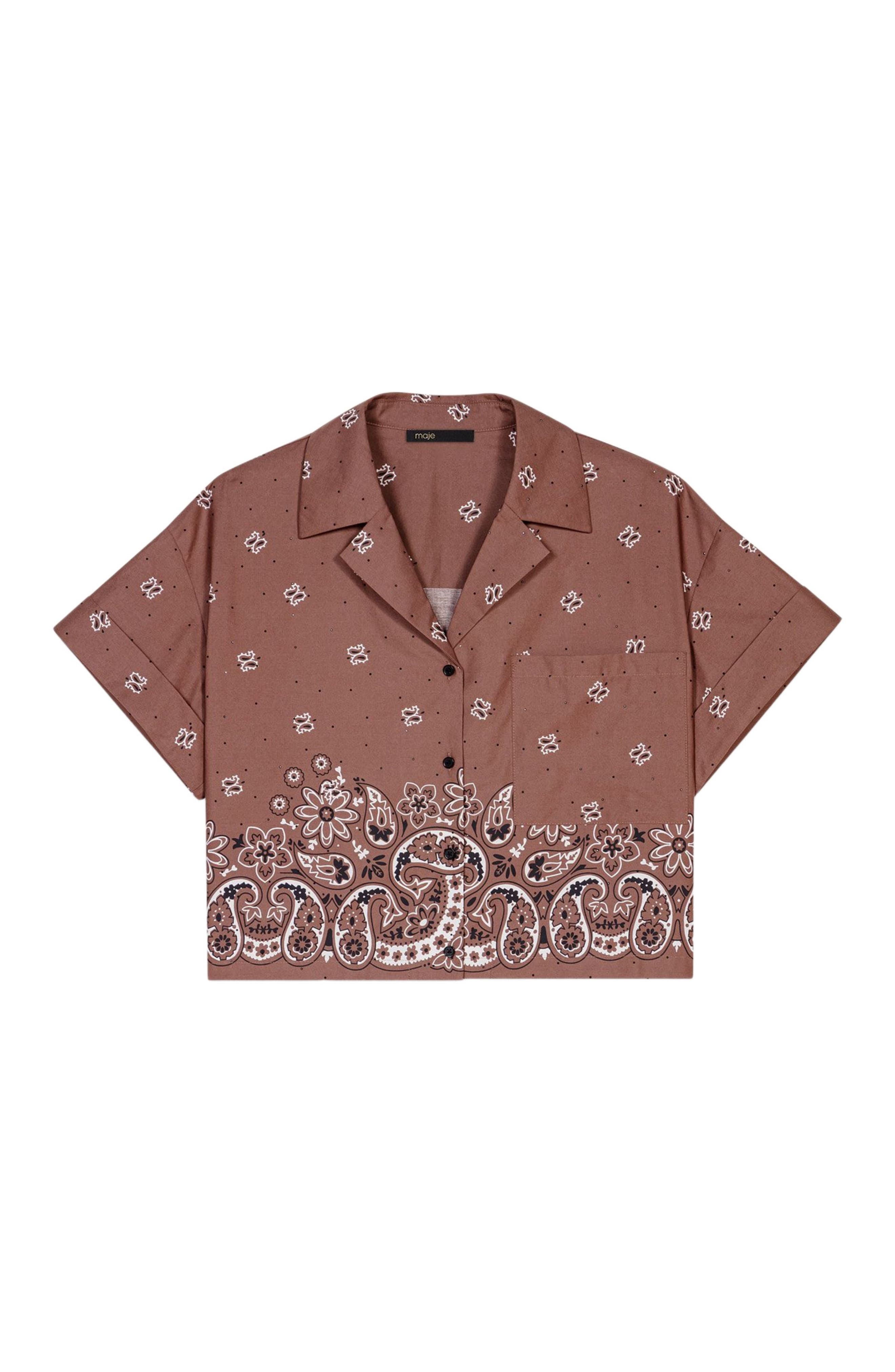 maje Patterned rhinestone cropped shirt in Brown Bandana Print at Nordstrom - 7
