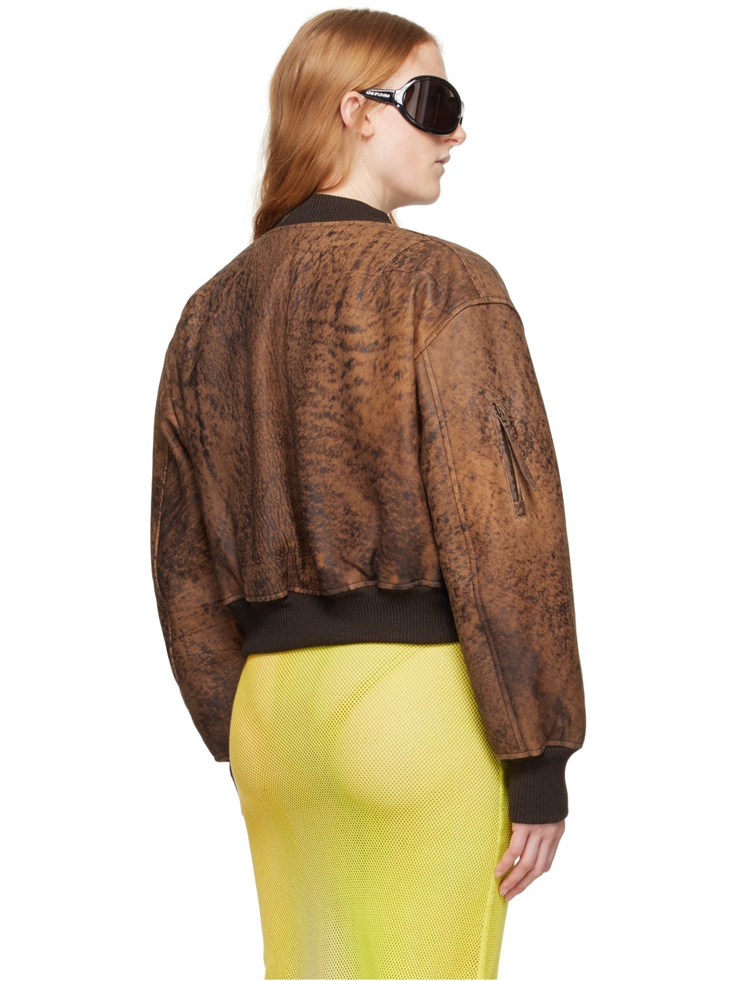 Brown Cropped Leather Bomber Jacket - 3