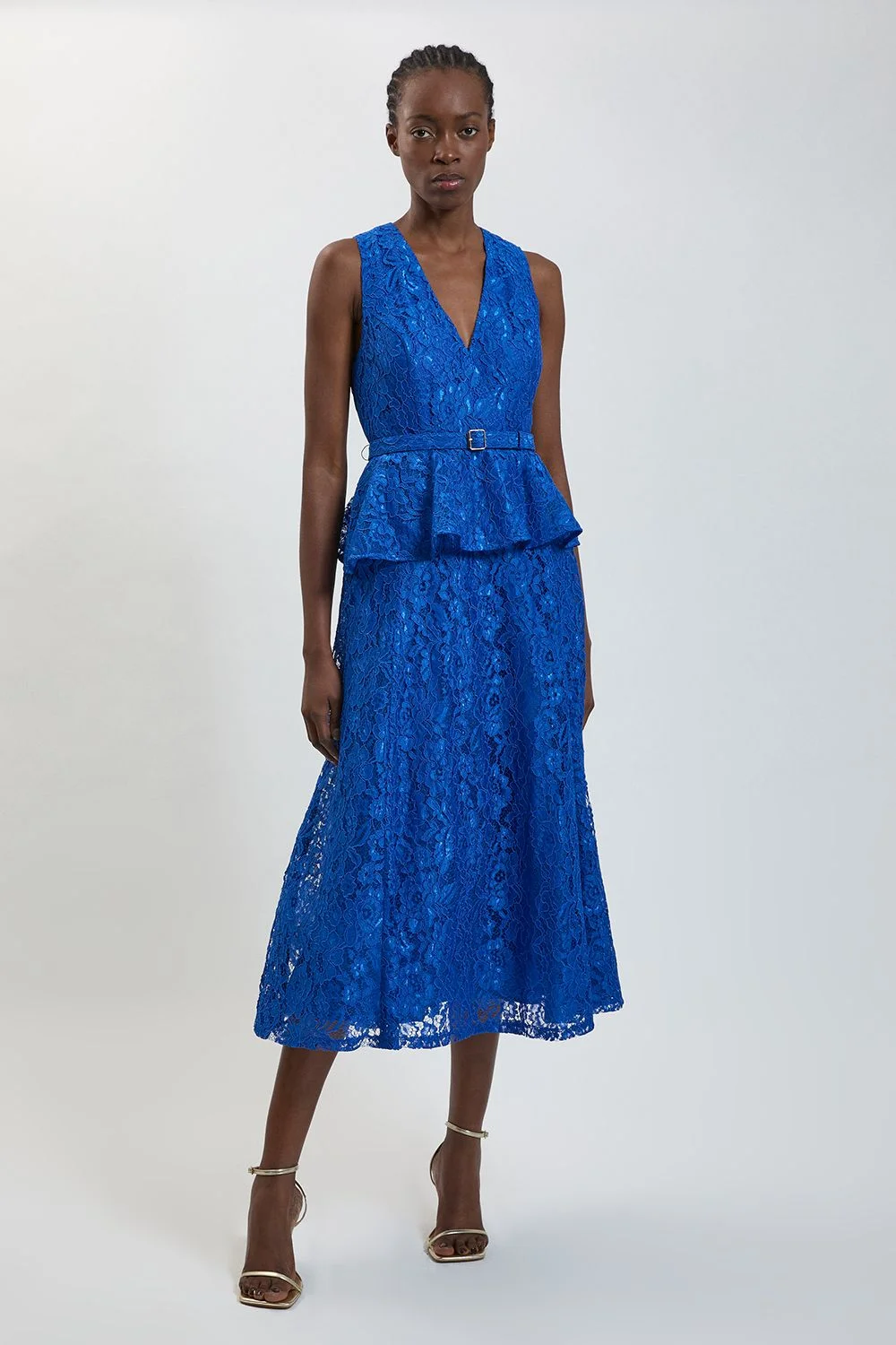 Peplum Detail Belted Lace Midi Dress - 1
