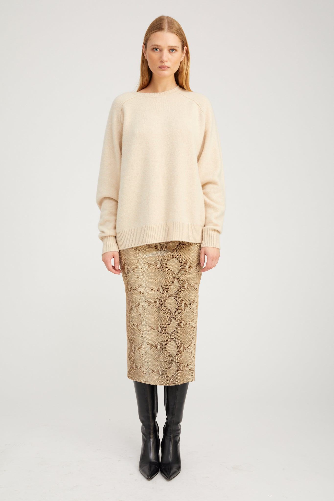 BEIGE PYTHON LEATHER TUBE SKIRT - 2