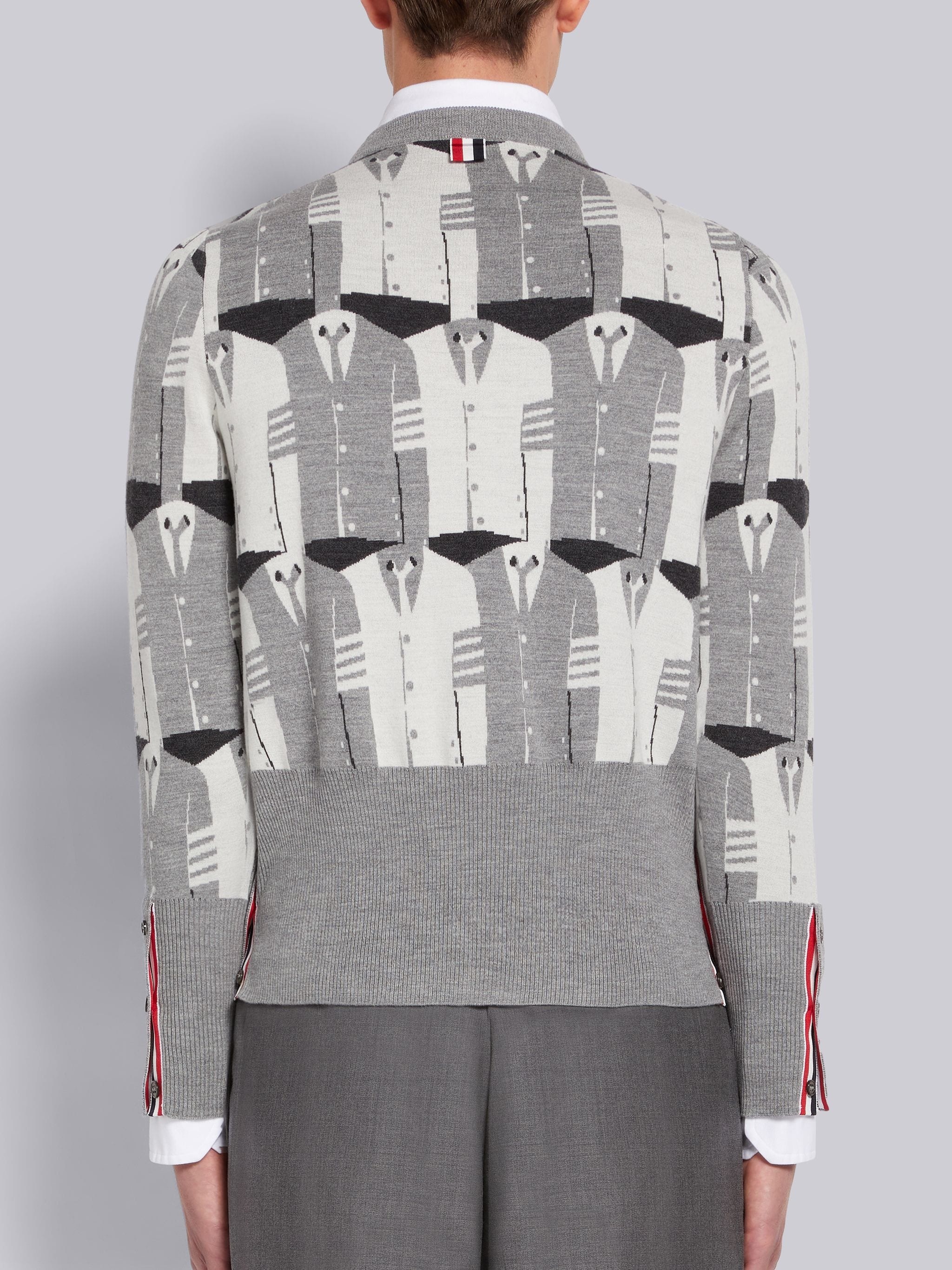 Tonal Grey Cardigan Motif Jacquard Sustainable Fine Merino Wool Pullover - 3