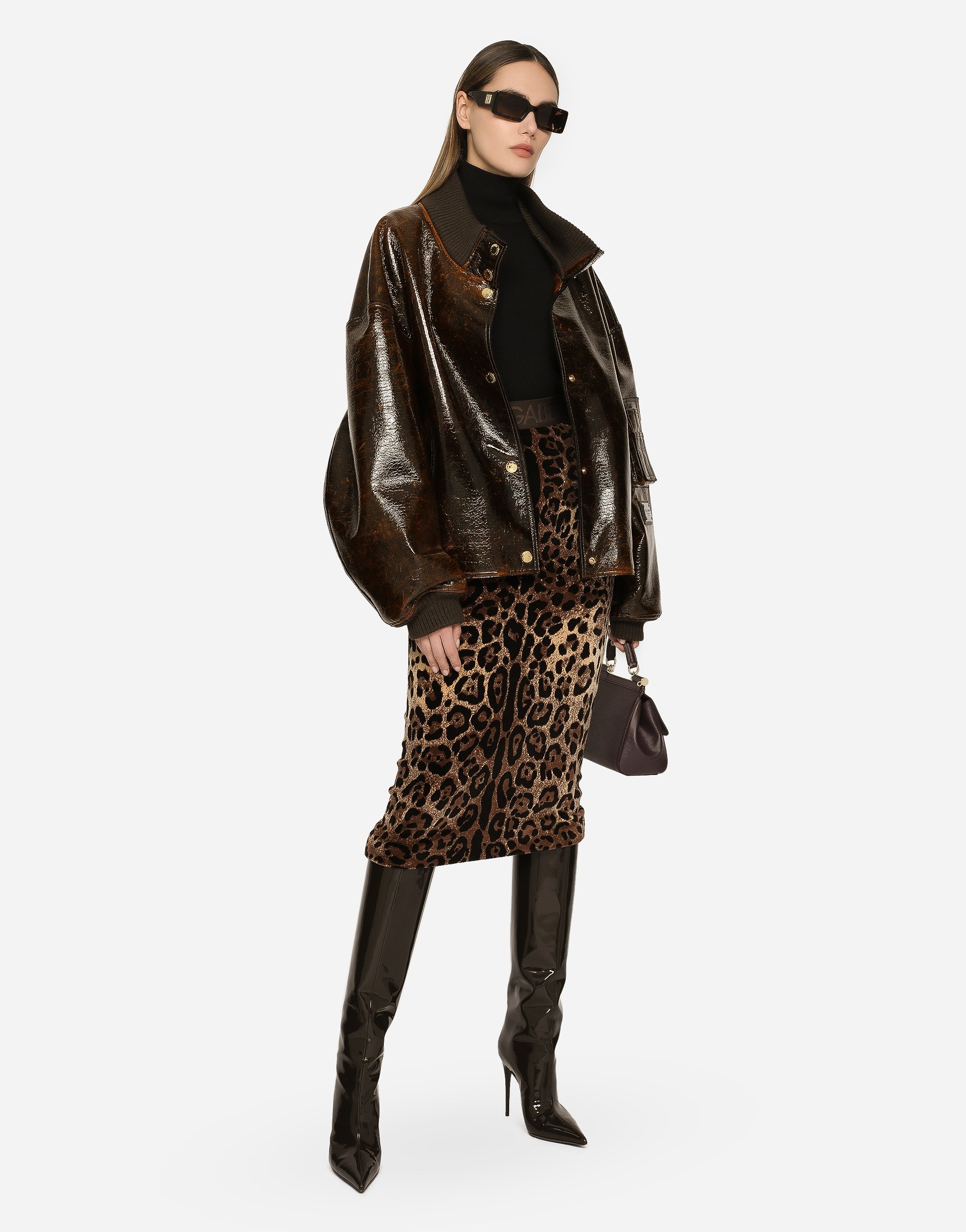 Chenille calf-length skirt with jacquard leopard design - 2