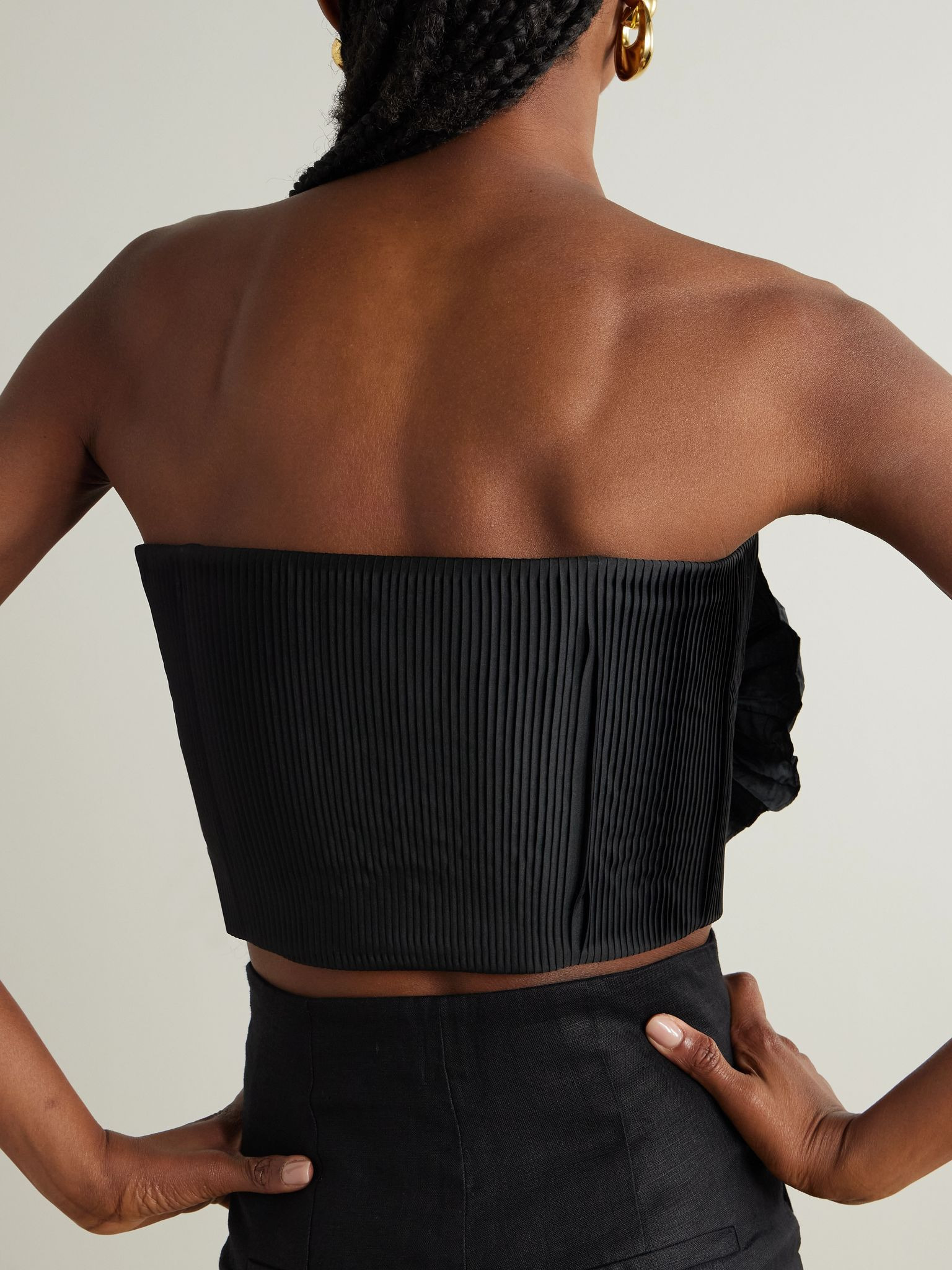 No Me Olvides appliquéd pleated taffeta top Black - 4