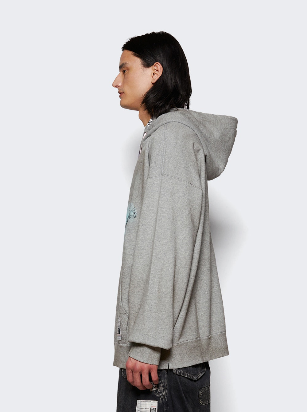 Smily Face Printed Distressed Hoodie Grey - 3