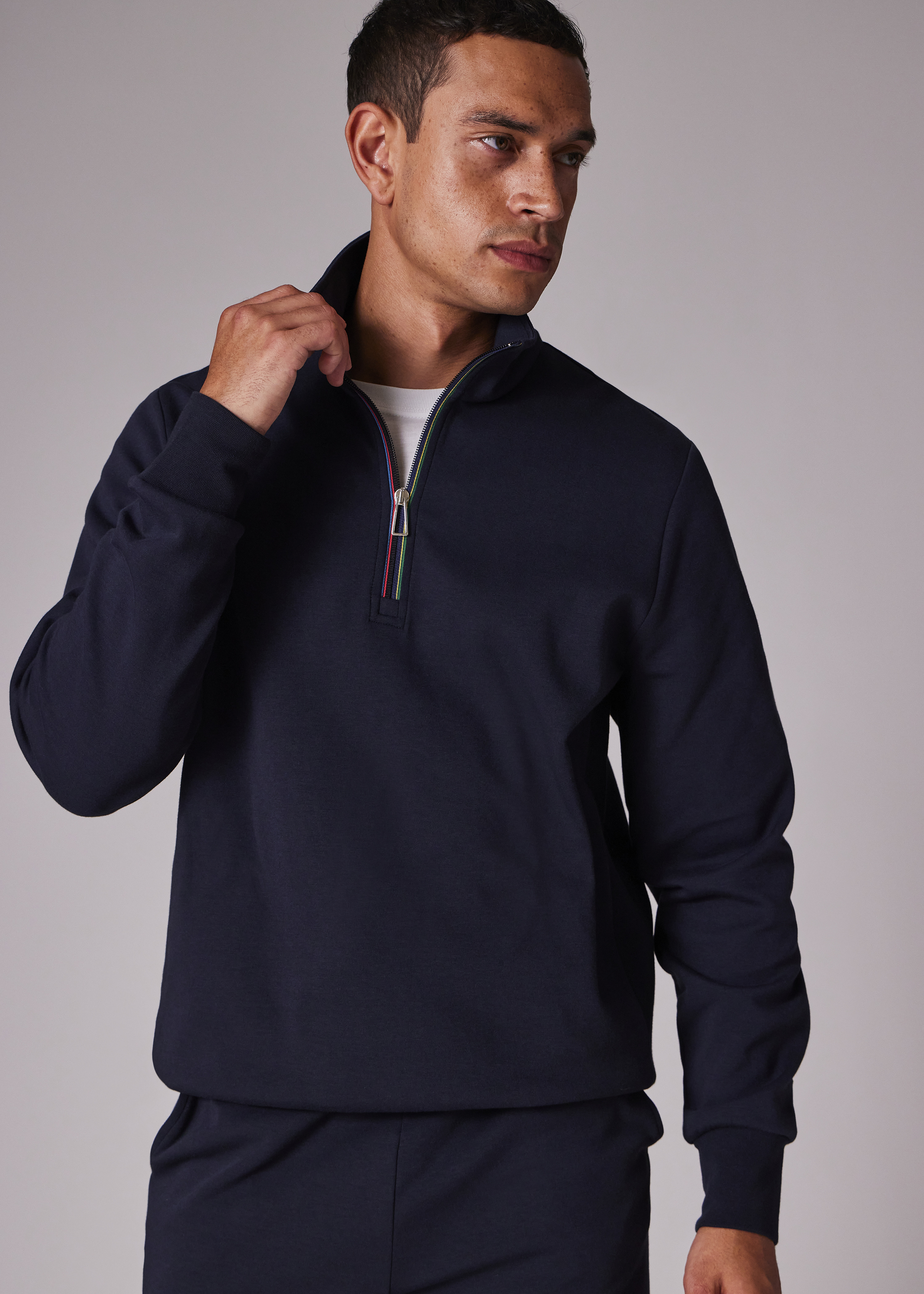 Navy Cotton-Blend 'Sports Stripe' Trim Quarter Zip Sweatshirt - 4