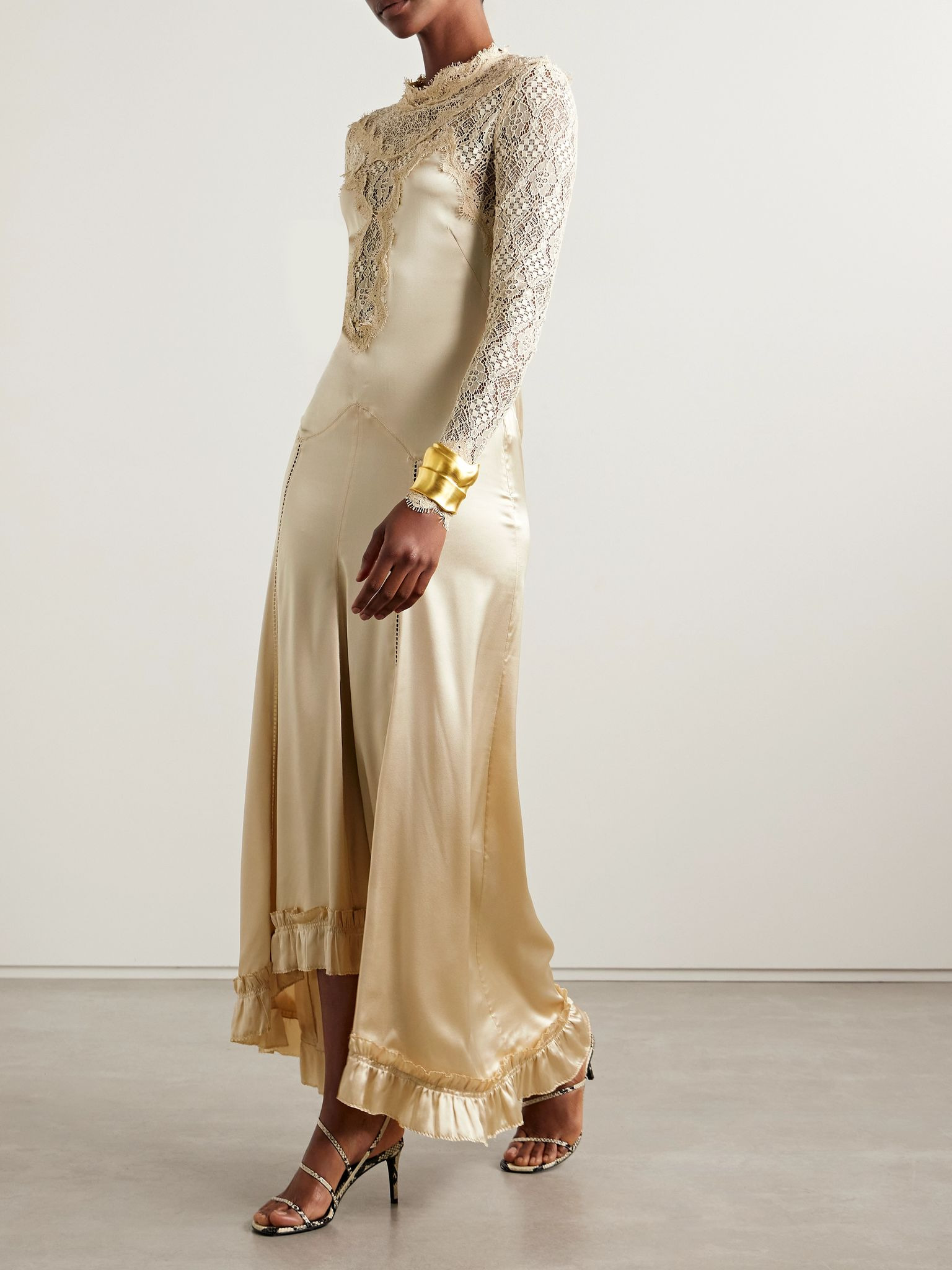 Dolores silk-blend satin and corded lace maxi dress Cream - 2