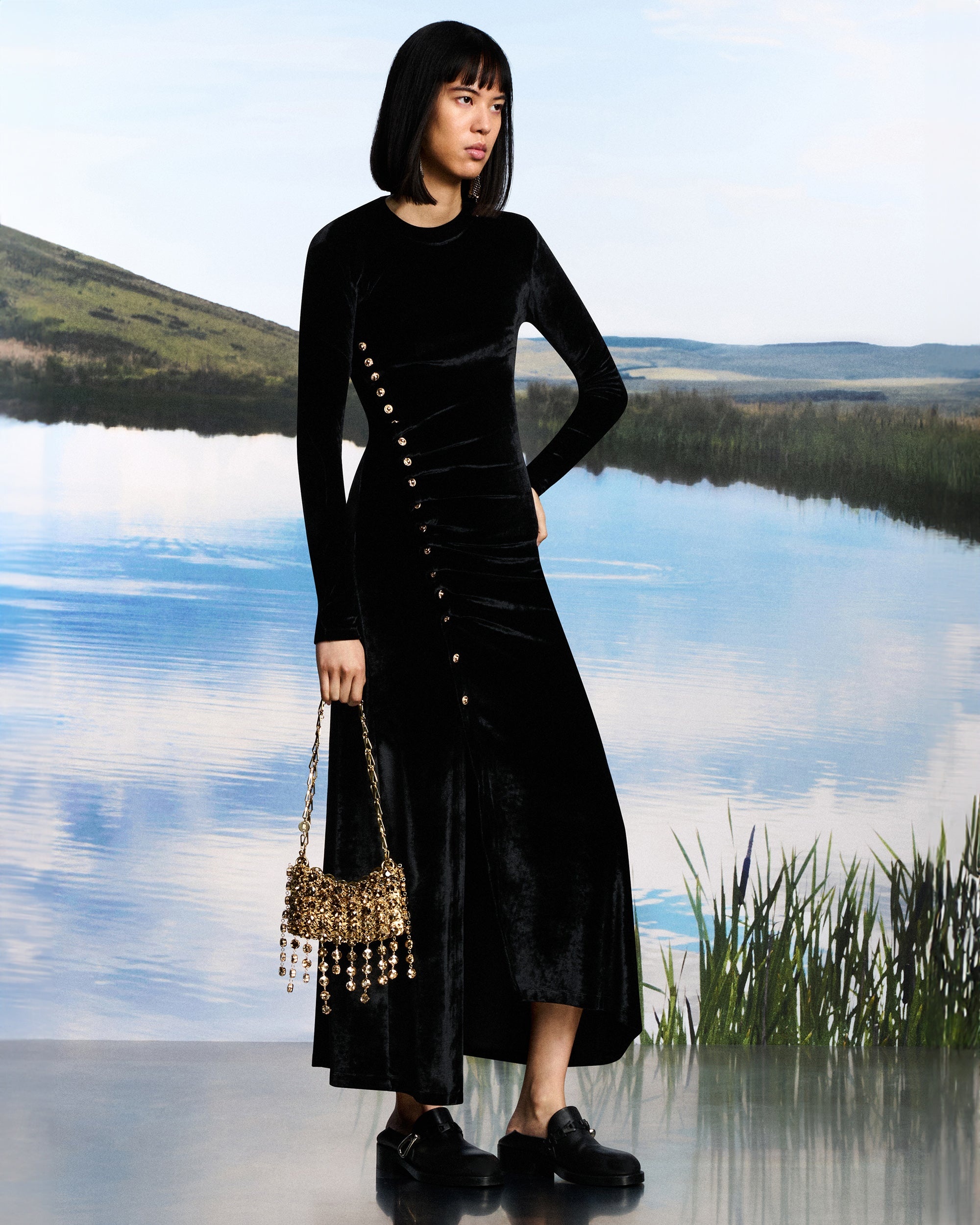 Velvet Asymmetric Drape Midi Dress - 6