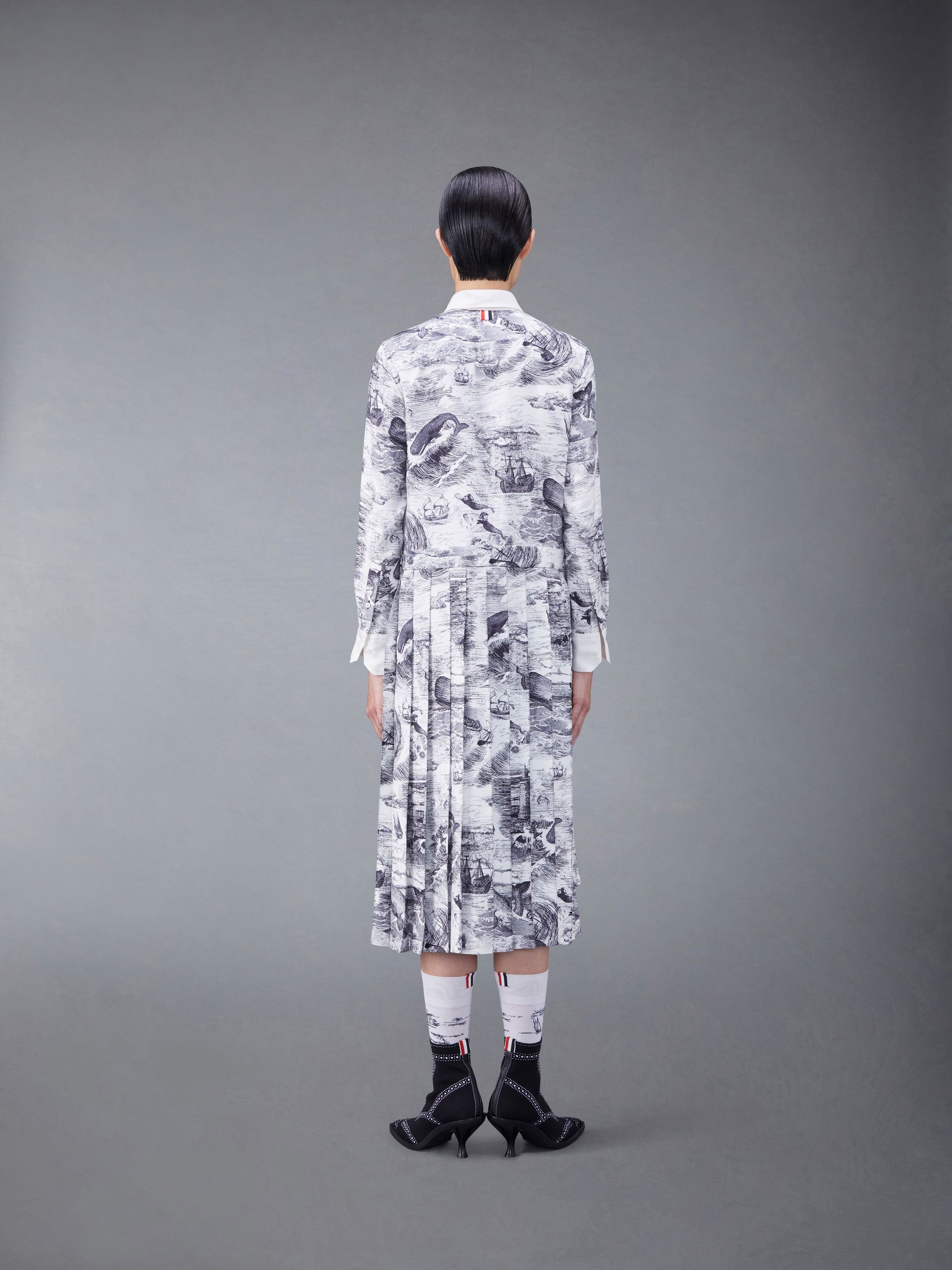 Nautical Silk Twill Toile Pleated Bottom Round Collar Shirtdress - 3