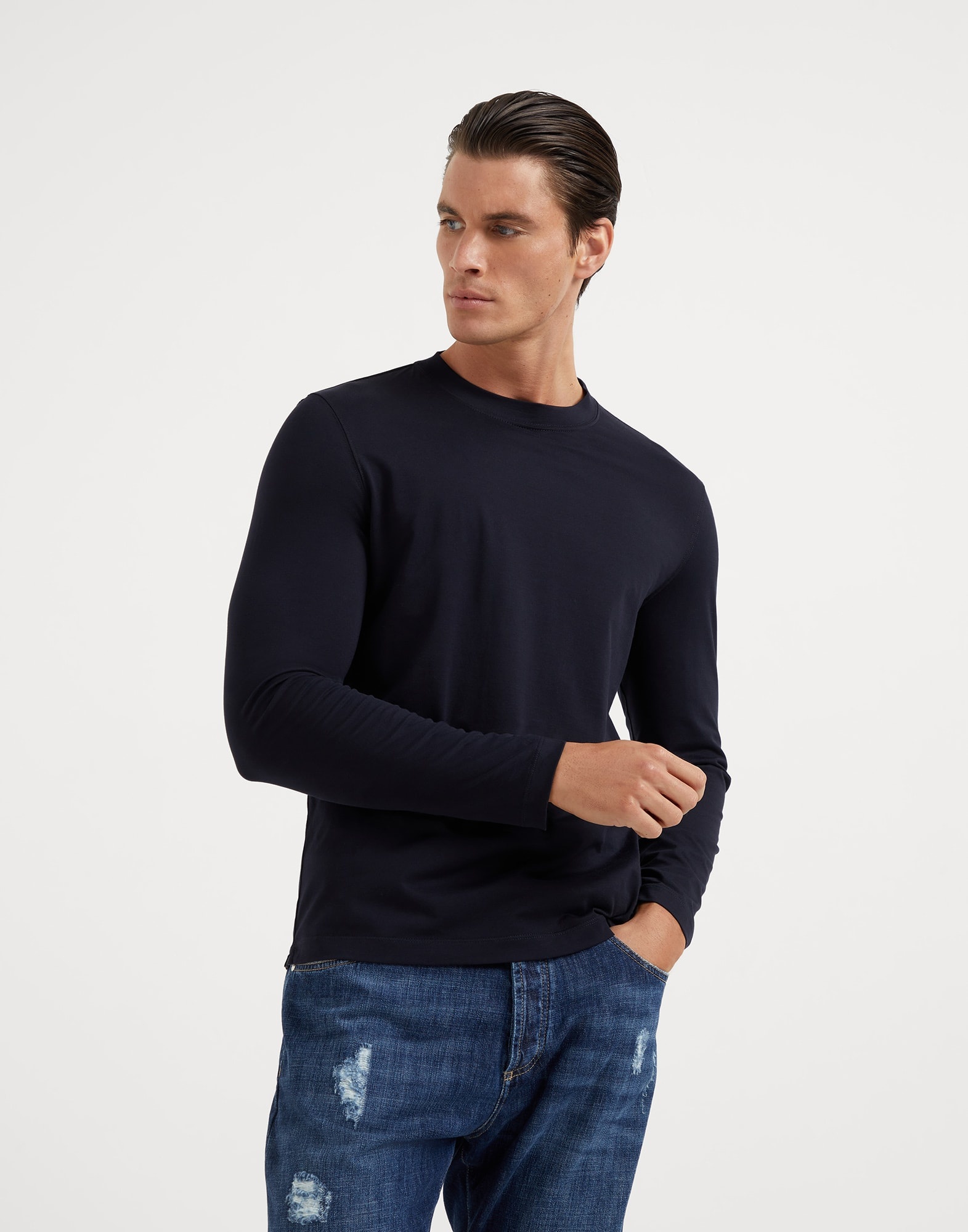 Cotton jersey long sleeve crew neck T-shirt - 1