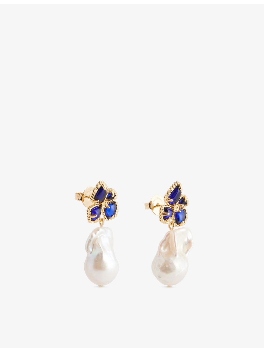 Bloom 12ct Yellow Gold-Plated Brass, Sapphire Stone And Freshwater Pearl Earrings - 2