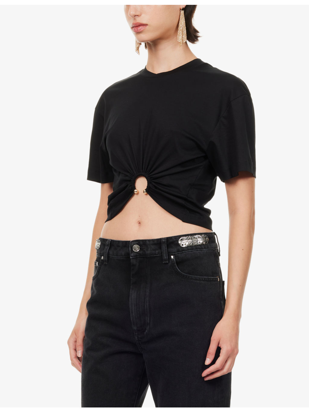 Ring-embellished cropped cotton-jersey T-shirt - 3