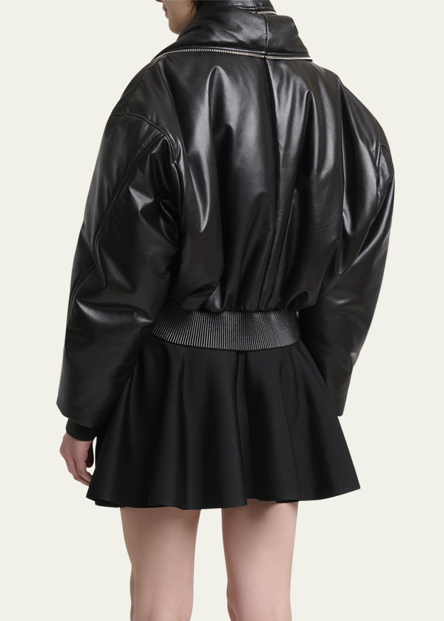 Double Shawl-Collar Leather Crop Bomber Jacket - 3