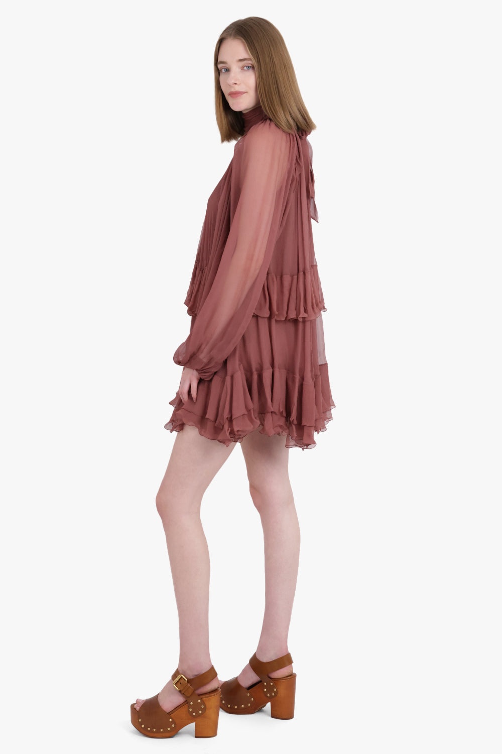 HIGH NECK L/S RUFFLE DETAIL MINI DRESS | WOODROSE PINK - 4