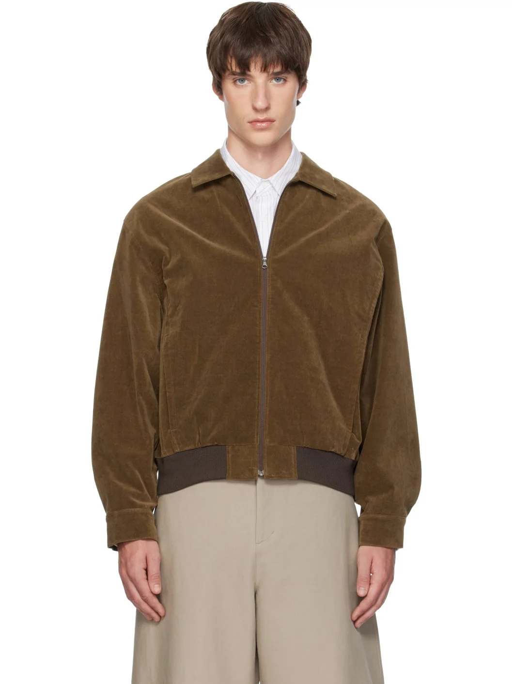 Khaki Velvet Zip-Up Bomber Jacket - 1