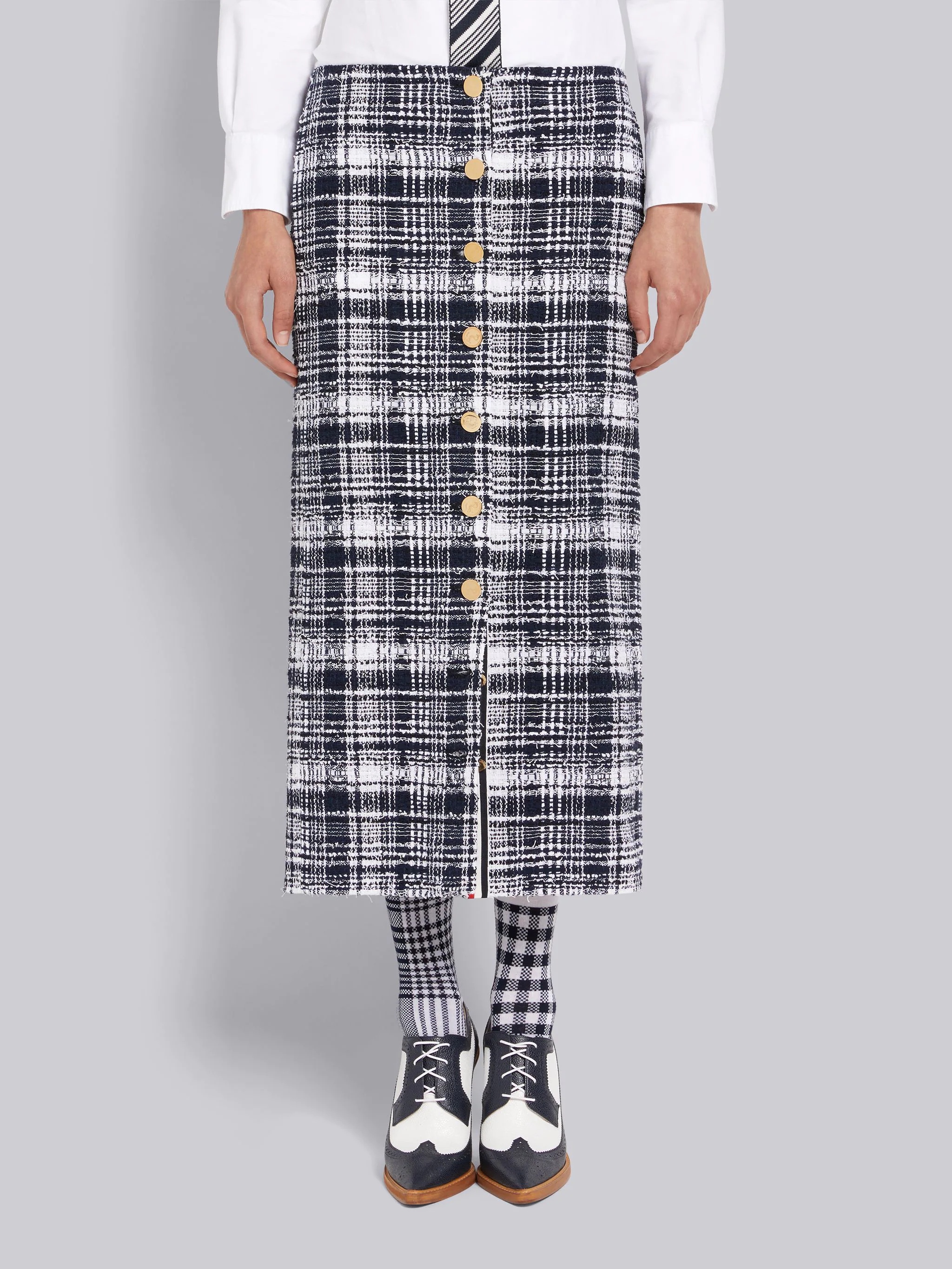Navy Hairline Madras Ribbon Tweed Low Rise Button Front Ankle Length Cardigan Skirt - 1