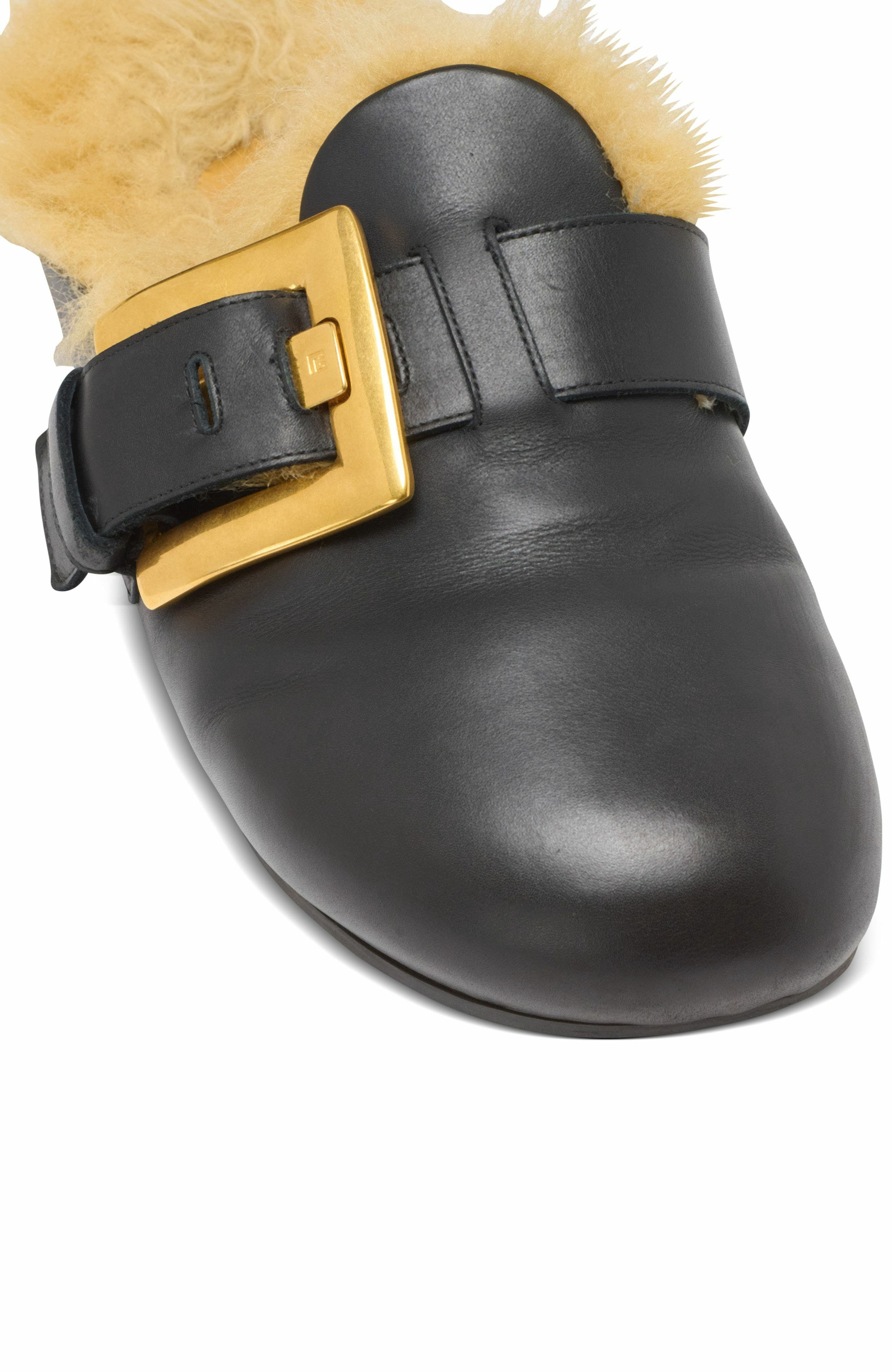 Balmain Flat leather and faux fur mules in Black at Nordstrom - 6