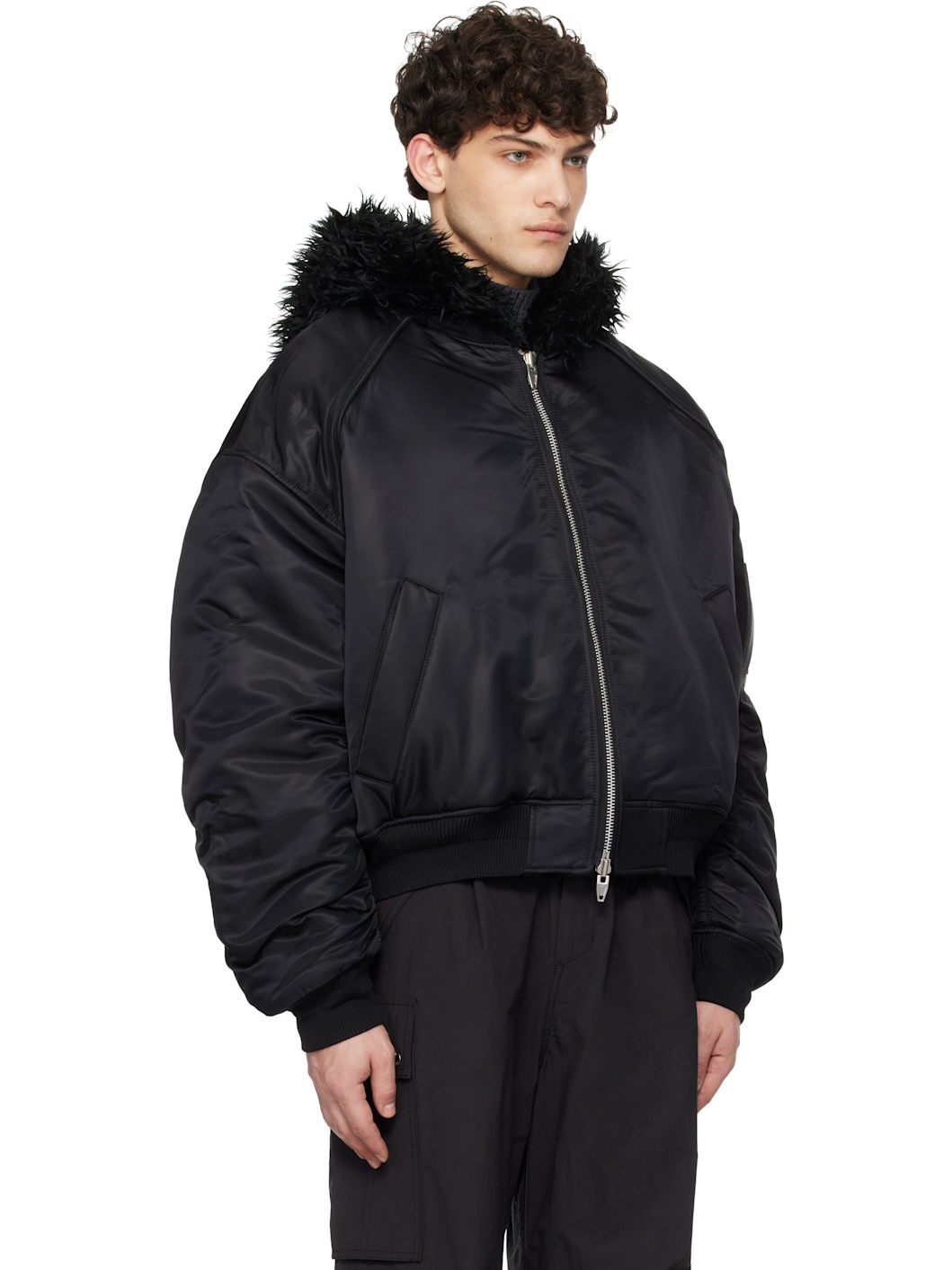 Black Faux Fur MA-1 Reversible Bomber Jacket - 2