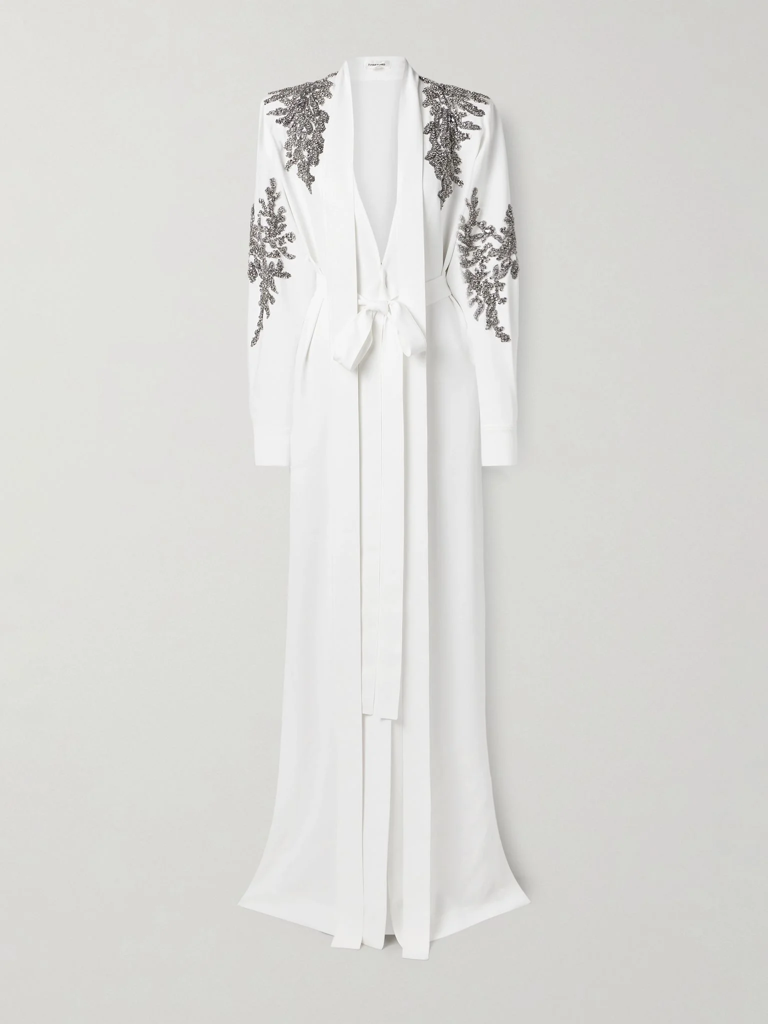 Belted tie-neck embellished crepe gown White - 1
